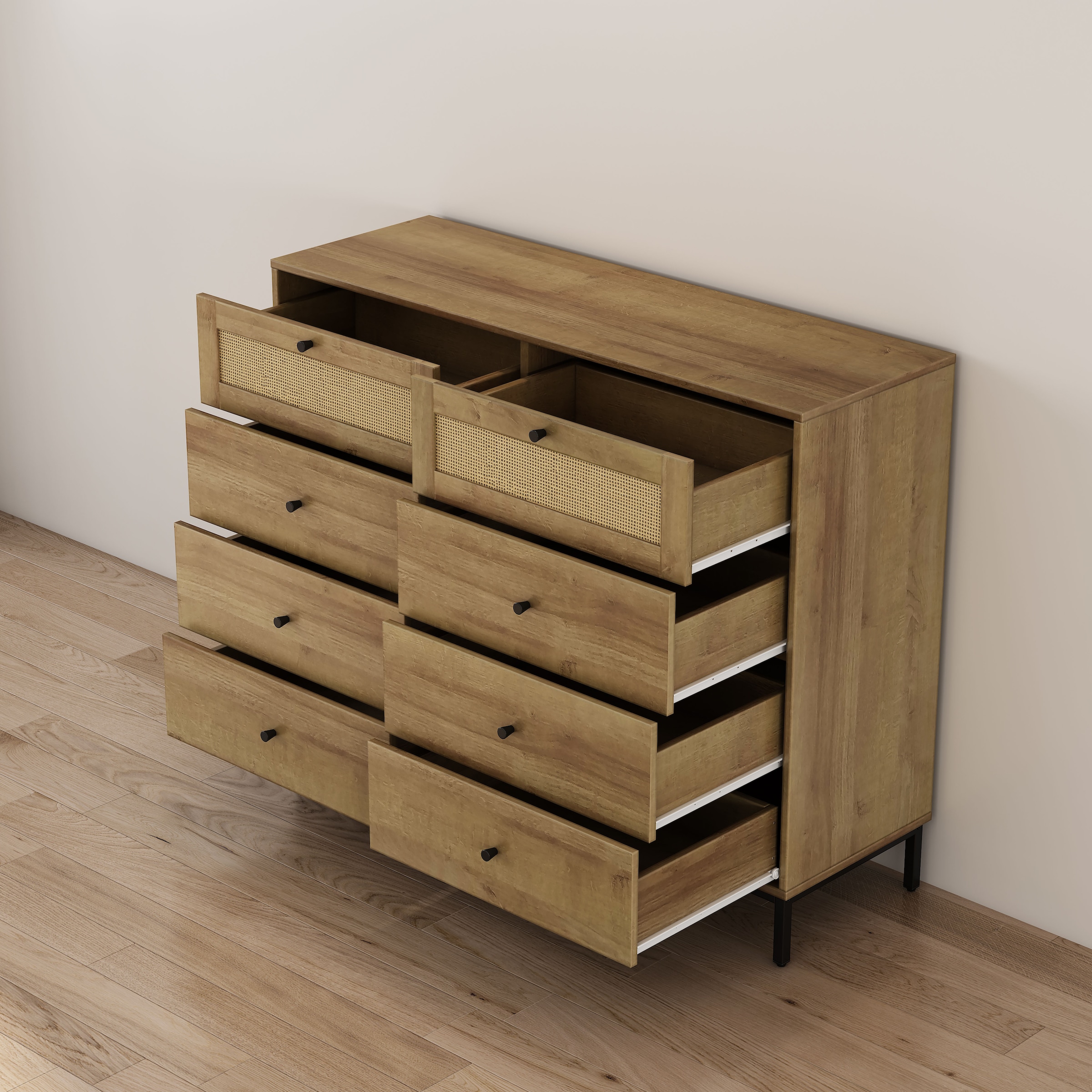 GOODproduct Kombikommode »Motala Wäsche Schrank mit 8 Schubladen Sideboard BOHO Design« Eichen-Design mit schwarzen Griffen und Geflecht Schubladen, 