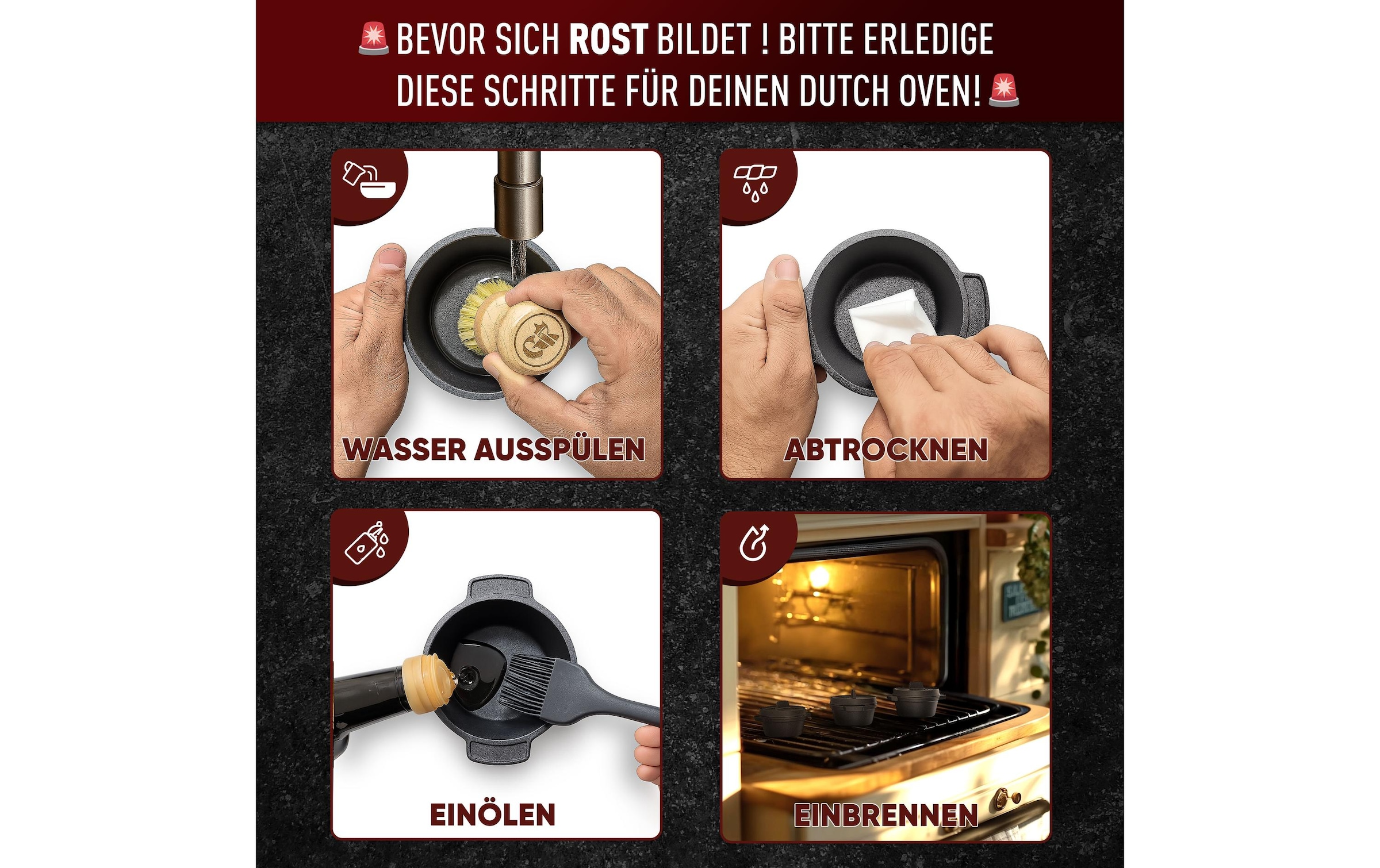   Grilltopf »Gusskoenig Mini Dutch Set 4 Töpfe, Untersetzer« Gusseisen 8 Stk. tlg. Set 4 Töpfe mit Holz-Untersetzern und Rezeptbuch