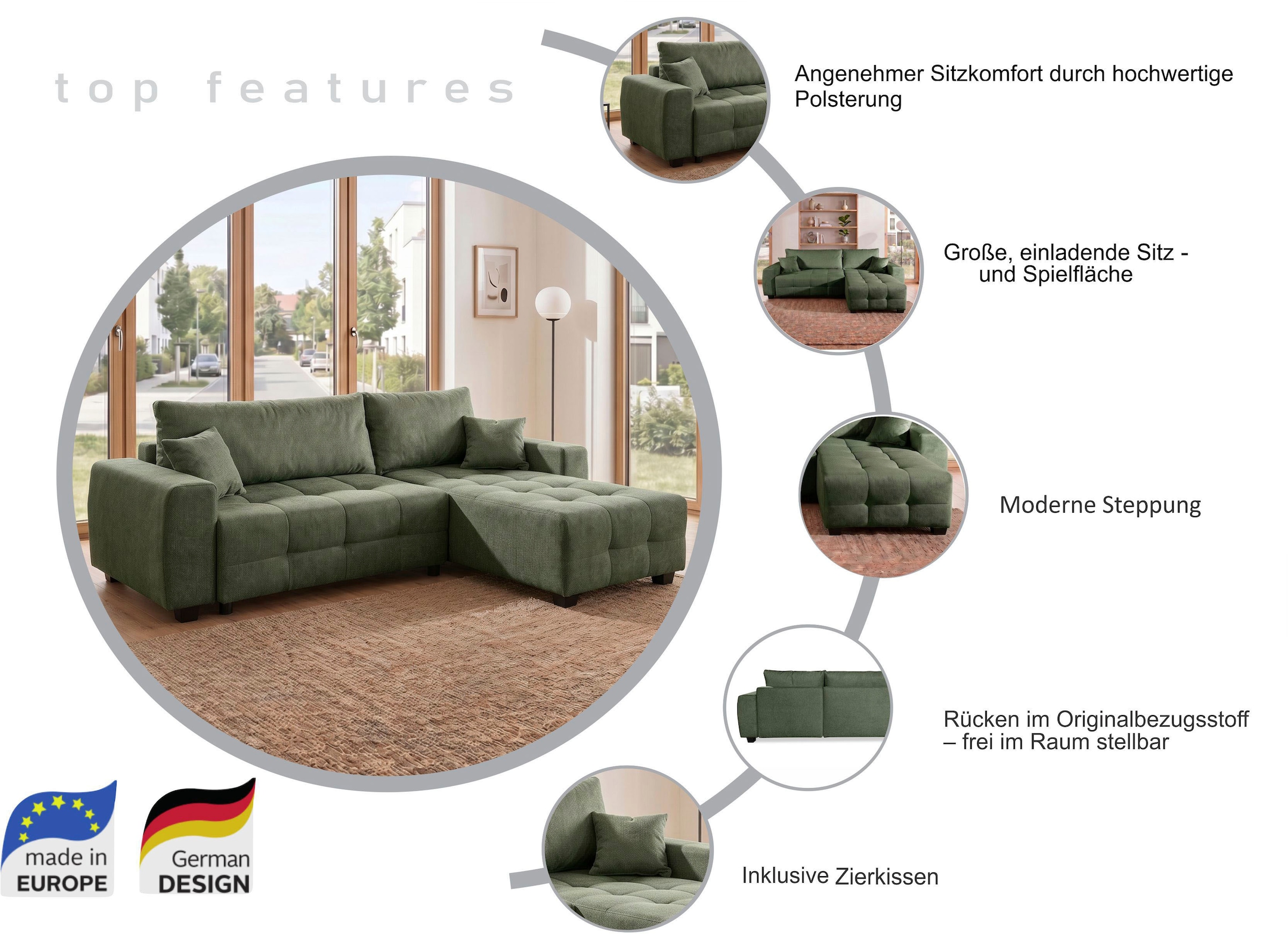 GOODproduct Ecksofa »Bella Couch L-Form, B: 234 cm - OTTO. Verlässliche Qualität.« optional Schlaffunktion & Bettkasten, mit Zierkissen