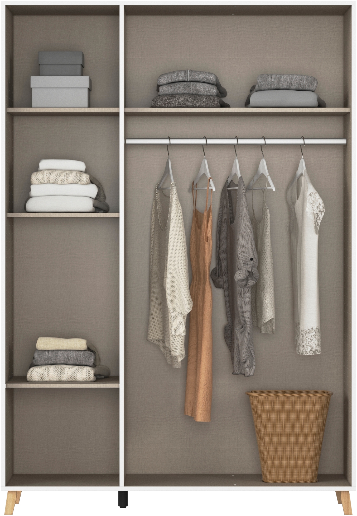 rauch Drehtürenschrank »Kleiderschrank Schrank Garderobe SHINJO Breiten 93/140/187 cm« in 3 verschiedenen Ausstattungen BASIC/CLASSIC/PREMIUM,  Griffe und Füsse aus Massivholz, viel Stauraum MADE IN GERMANY