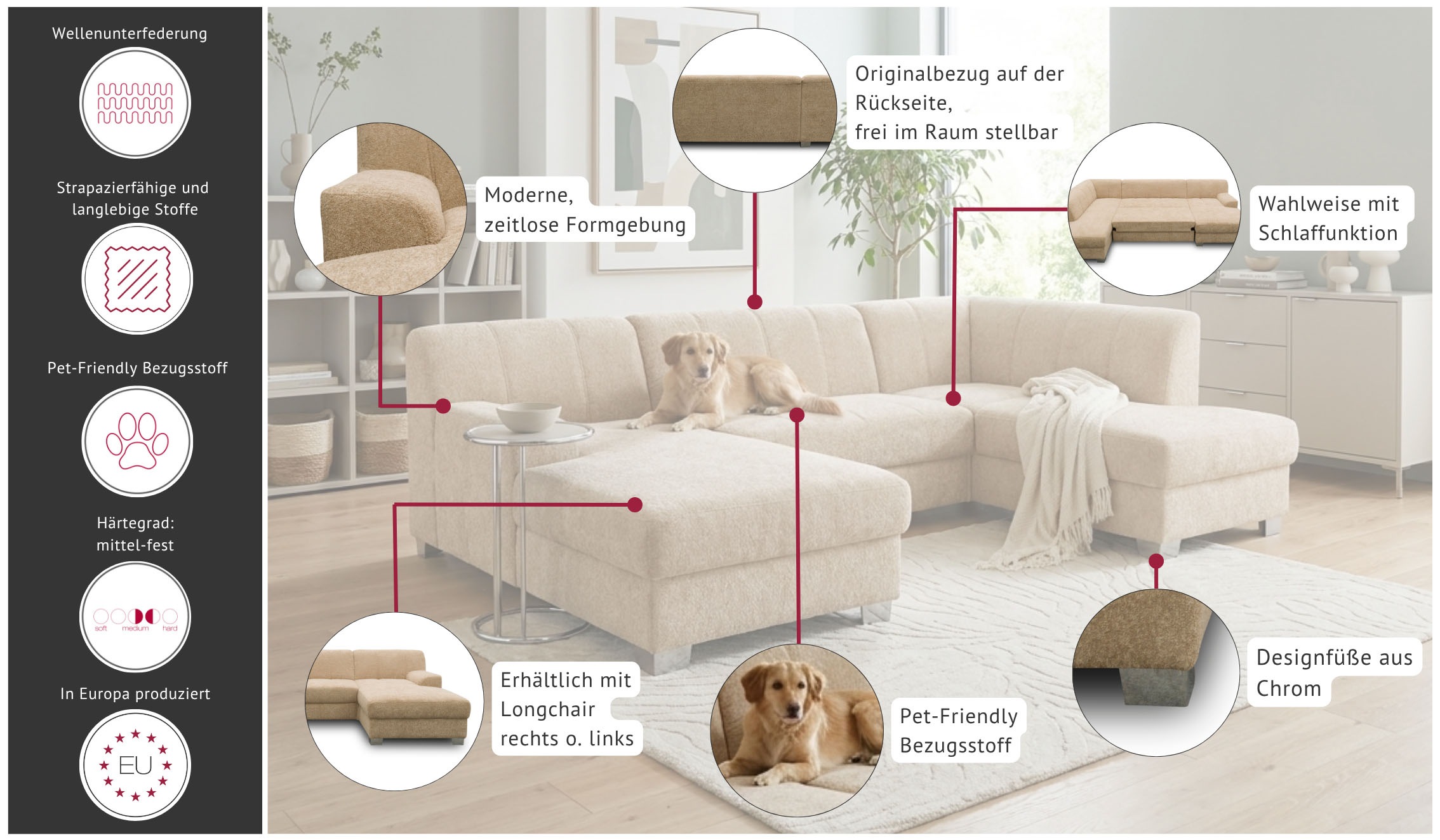 GOODproduct Paysage de salon »Lolland 296 x 195 cm, modern, mit Steppungen, mittelfester Sitz« Forme en U, avec revêtement Pet Friendly