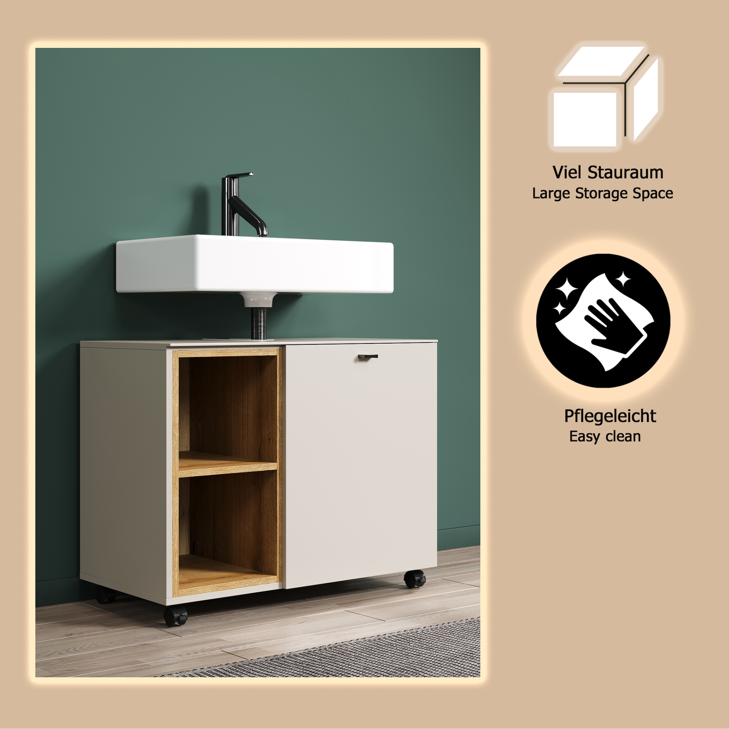 welltime Armoire sous lavabo »San Pedro« 1 cuis tlg. Waschbeckenunterschrank a. Rollen, Soft-Close 80/42/64 cm