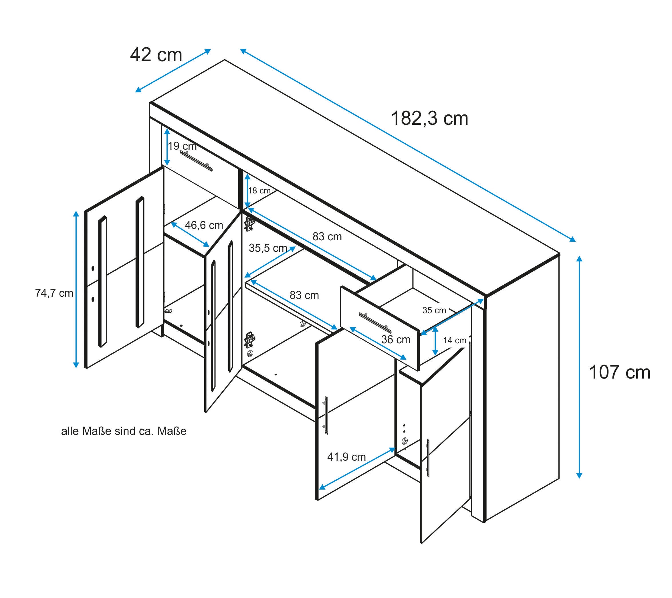 VOGL Möbelfabrik Highboard »Toronto« opt. Glastüren, teilmassiv, Rahmenoptik, Made in Germany