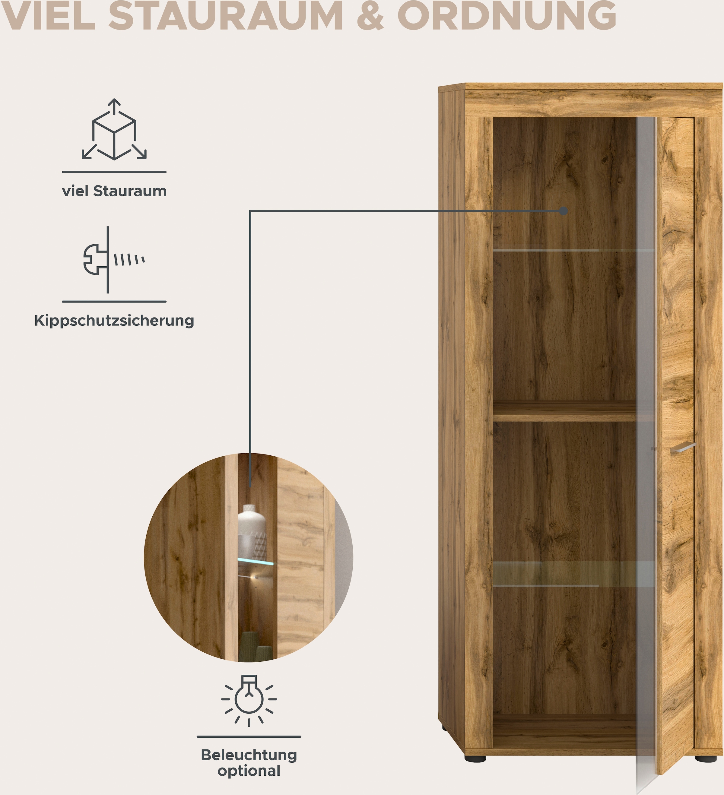 Home affaire Meuble mural »AOSTA, Breite 310cm, 4-teilige Wohn-Kombination« bestehend aus: 2x Vitrine, Lowboard, Wandboard, 