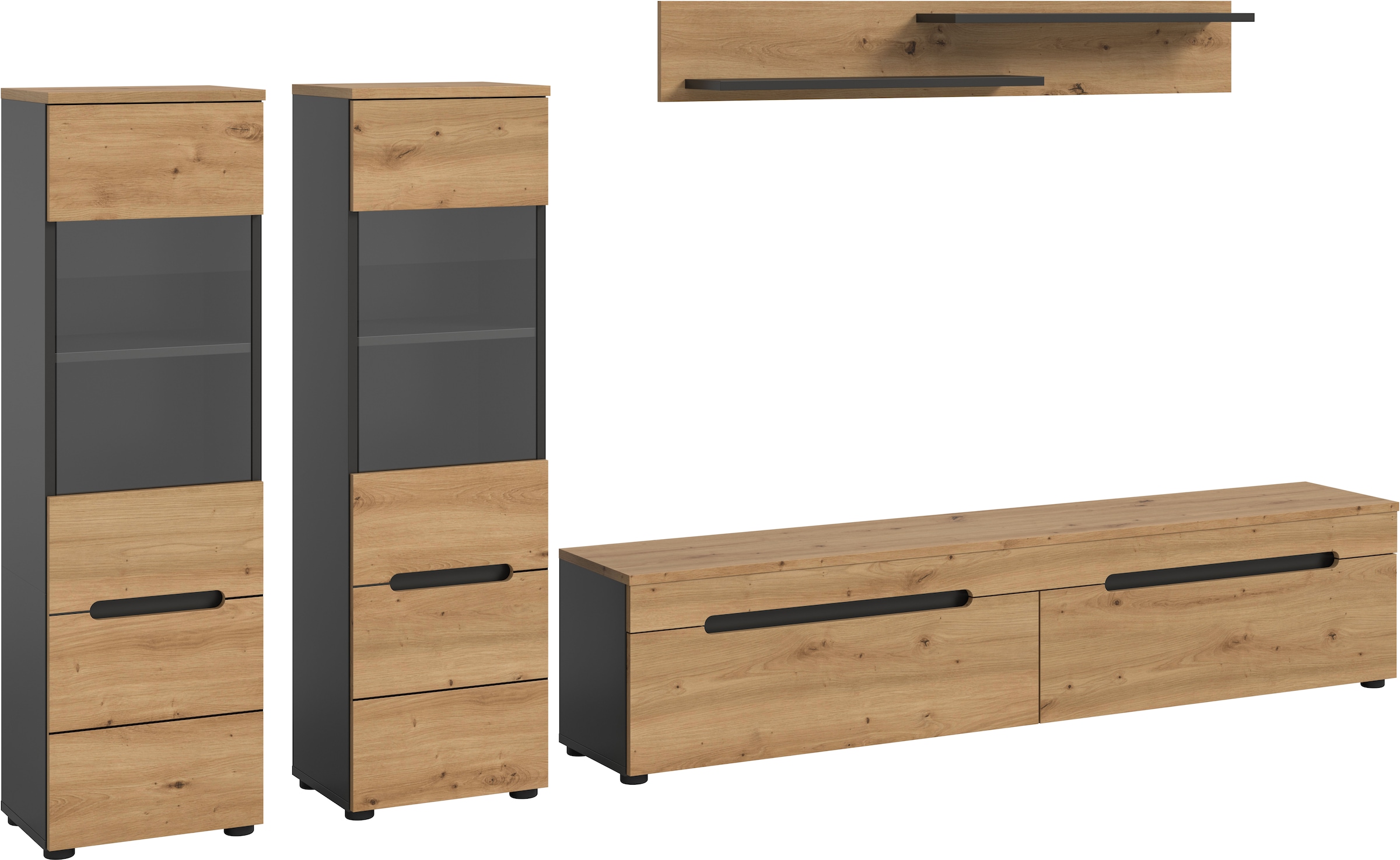 Home affaire Wohnwand »REHAT, 4-teilig, wahlweise stehend und hängend montierbar« Set bestehend aus: 2x Vitrine, Lowboard und Wandboard, 3 Stk. tlg.