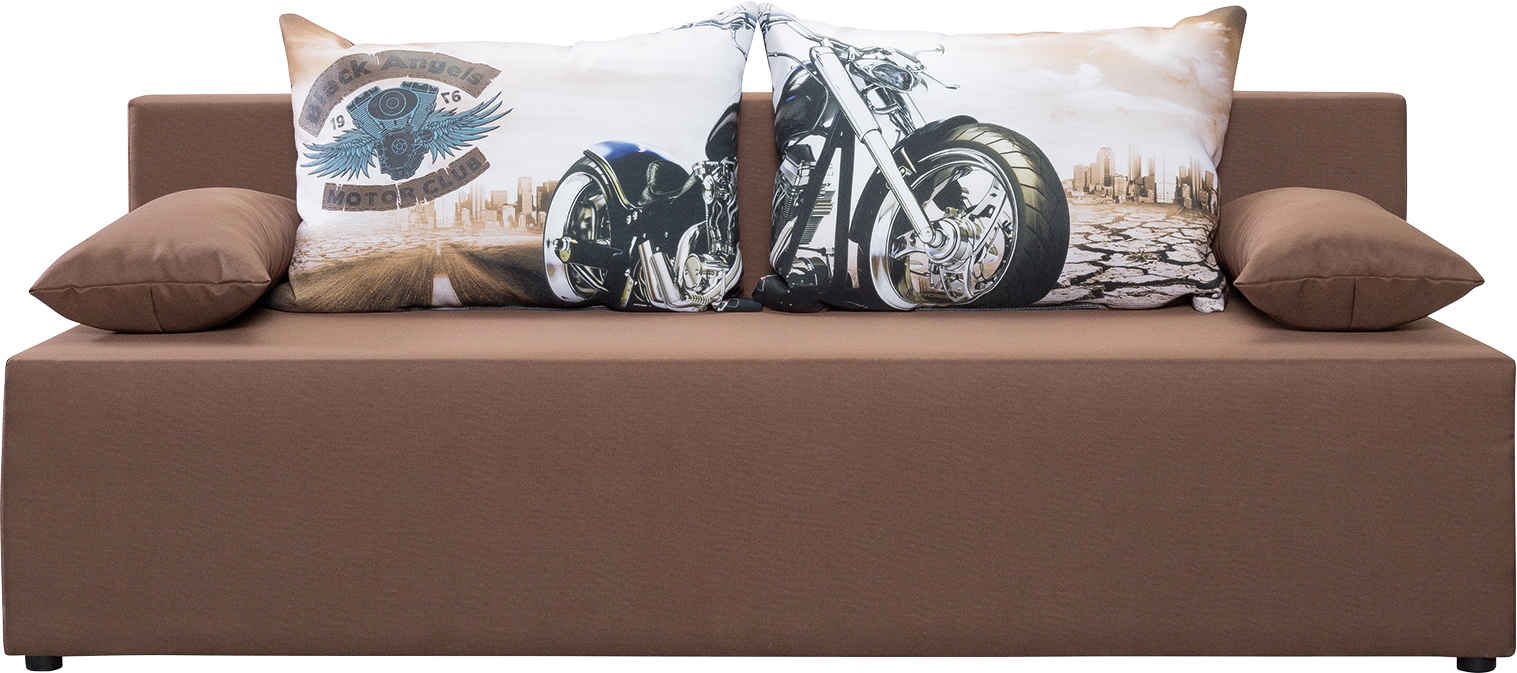 exxpo - sofa fashion 3-Sitzer »Tabou Motorrad Schlafsofa« mit Schlaffunktion und Bettkasten, inkl. loser Zier- und Rückenkissen