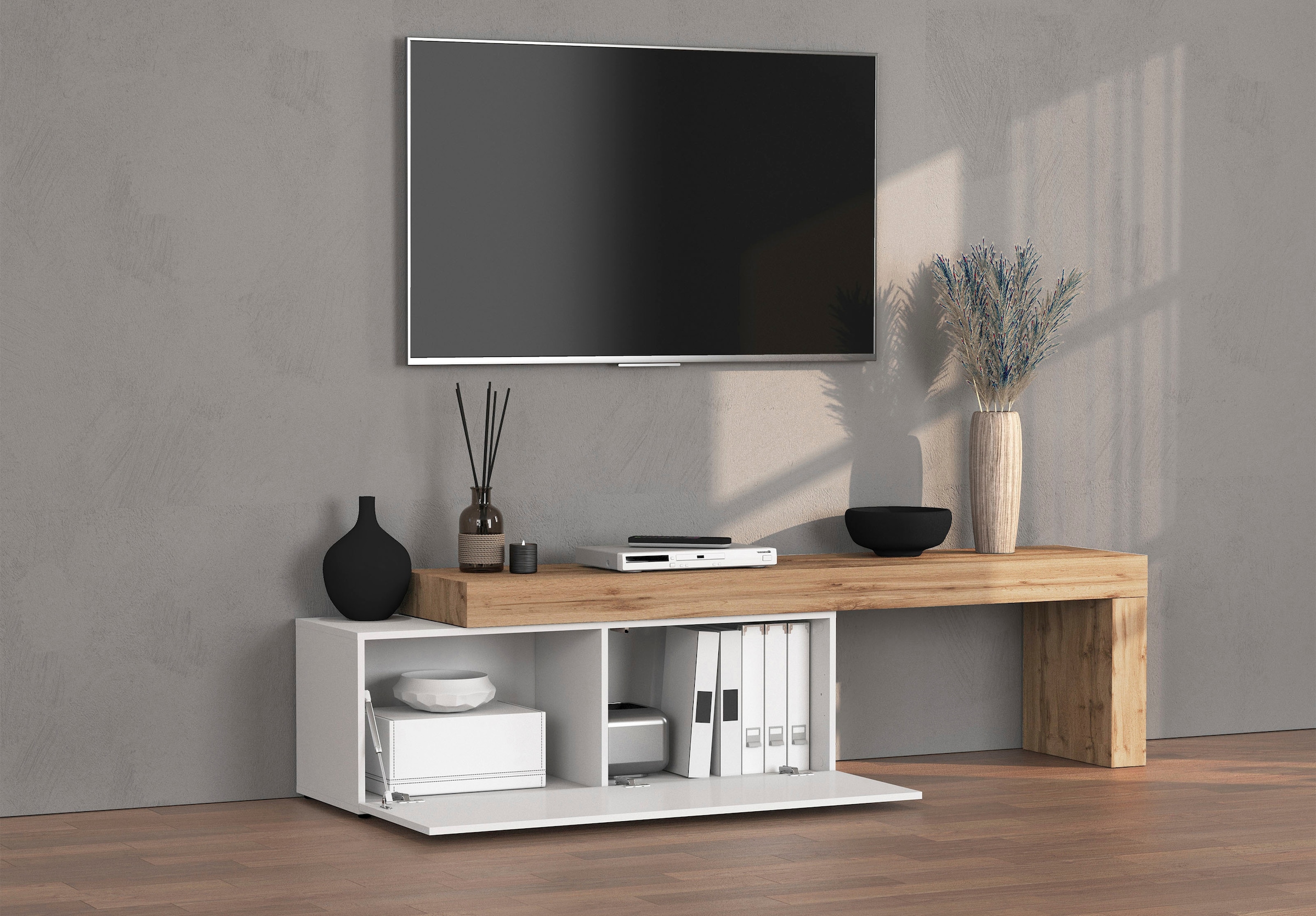 INOSIGN Table basse »Chronos TV-Board, T-Schrank« Breite verstellbar von 180 bis 290 cm, 1 cuis tlg. Breite 240 cm TV-Board,Lowboard,1 Klappe und ein L-Förmiger Aufsatz