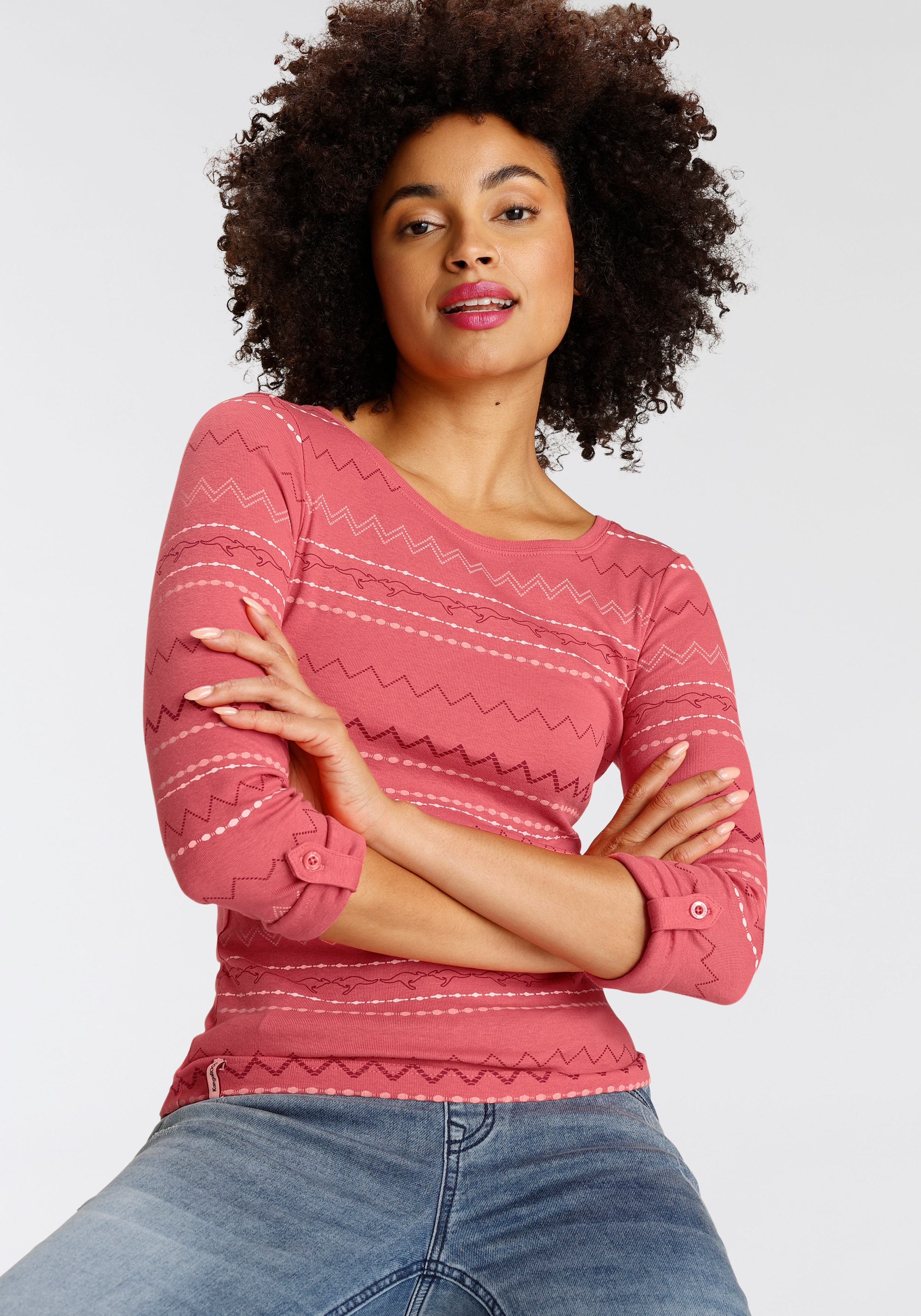 KangaROOS T-shirt à manches longues sehr figurbetonte Passform,  mit Zick-Zack-Muster,  aus 100% Baumwolle