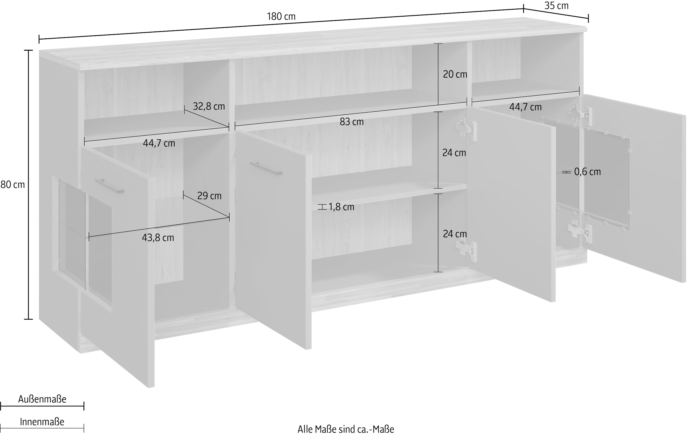 GOODproduct Sideboard »Ribe,180cm breit,80cm hoch, 9 Fächer« Oberplatte Eiche massiv,schwarze Metall Griffe,2 Türen mit Glaseinsatz