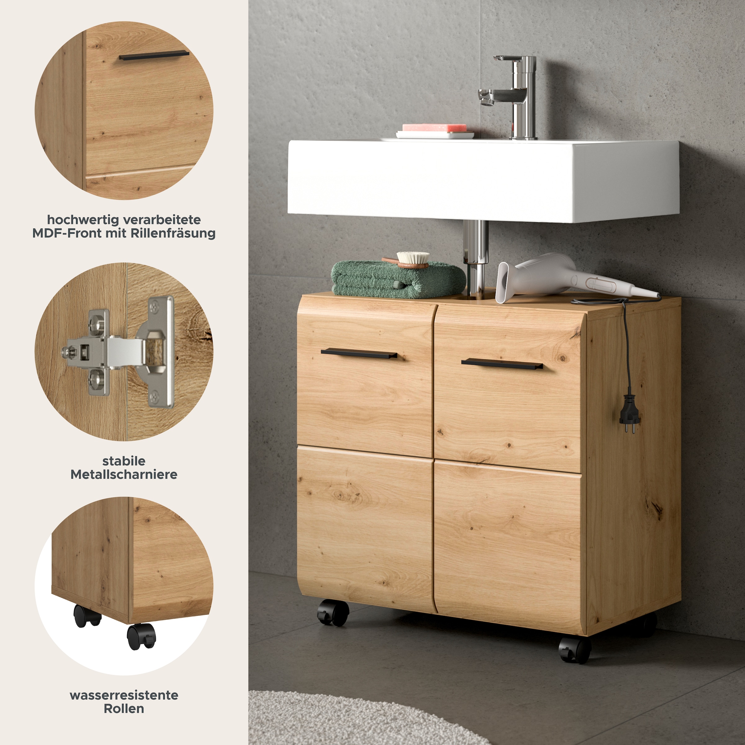 welltime Waschbeckenunterschrank »FLORENZ,  Breite 60cm, inkl. Siphonausschnitt, mit Türen oder Schüben« TOPSELLER!,  hochwertige MDF Front, Griff schwarz, Badschrank, Bad