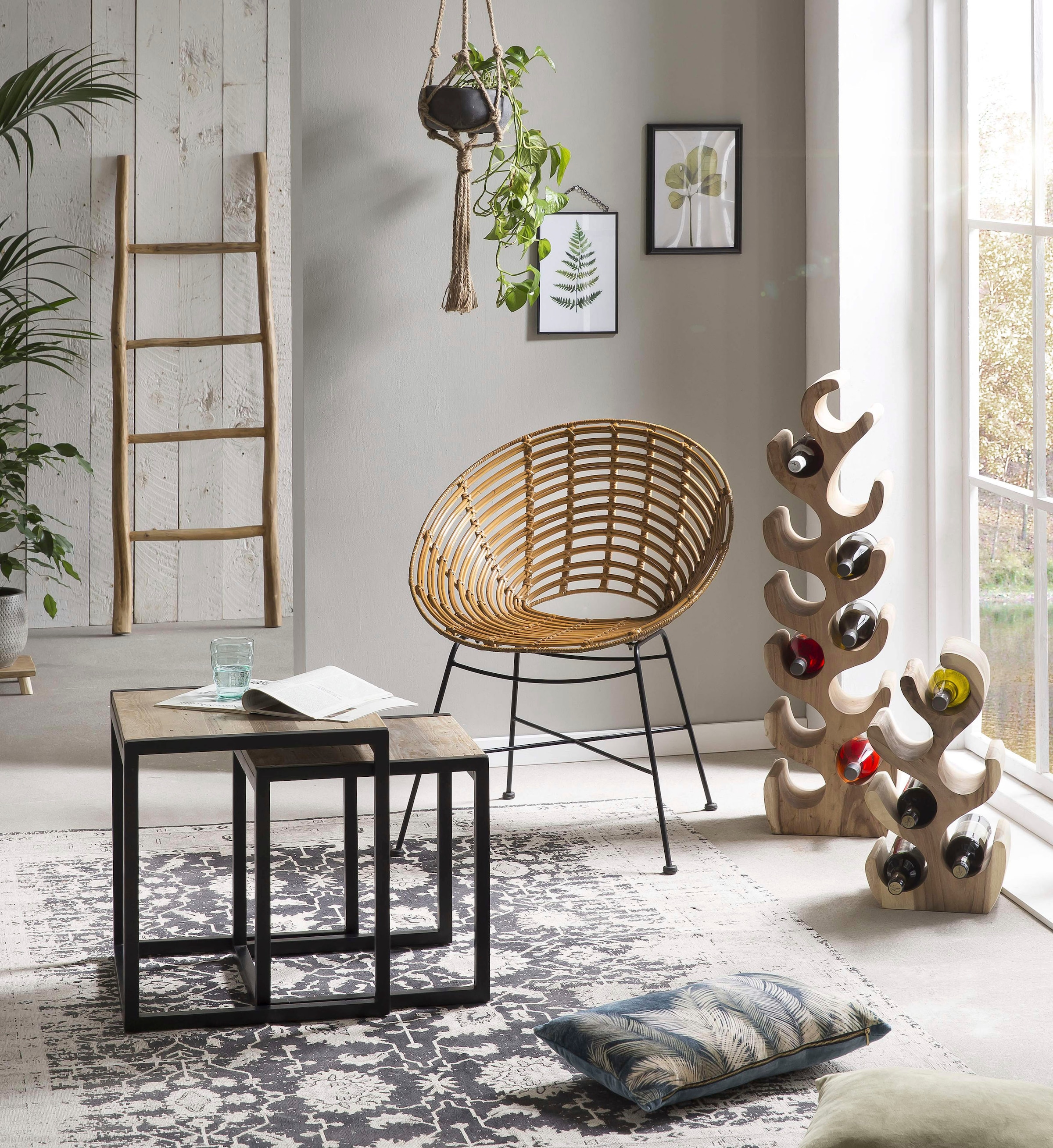 SIT Chaise en rotin »Rundsitz Rattan Metall Schwarz Natur Lounge Design« () 1 cuischaise en rotin avec assise ronde en rotin & métal design lounge