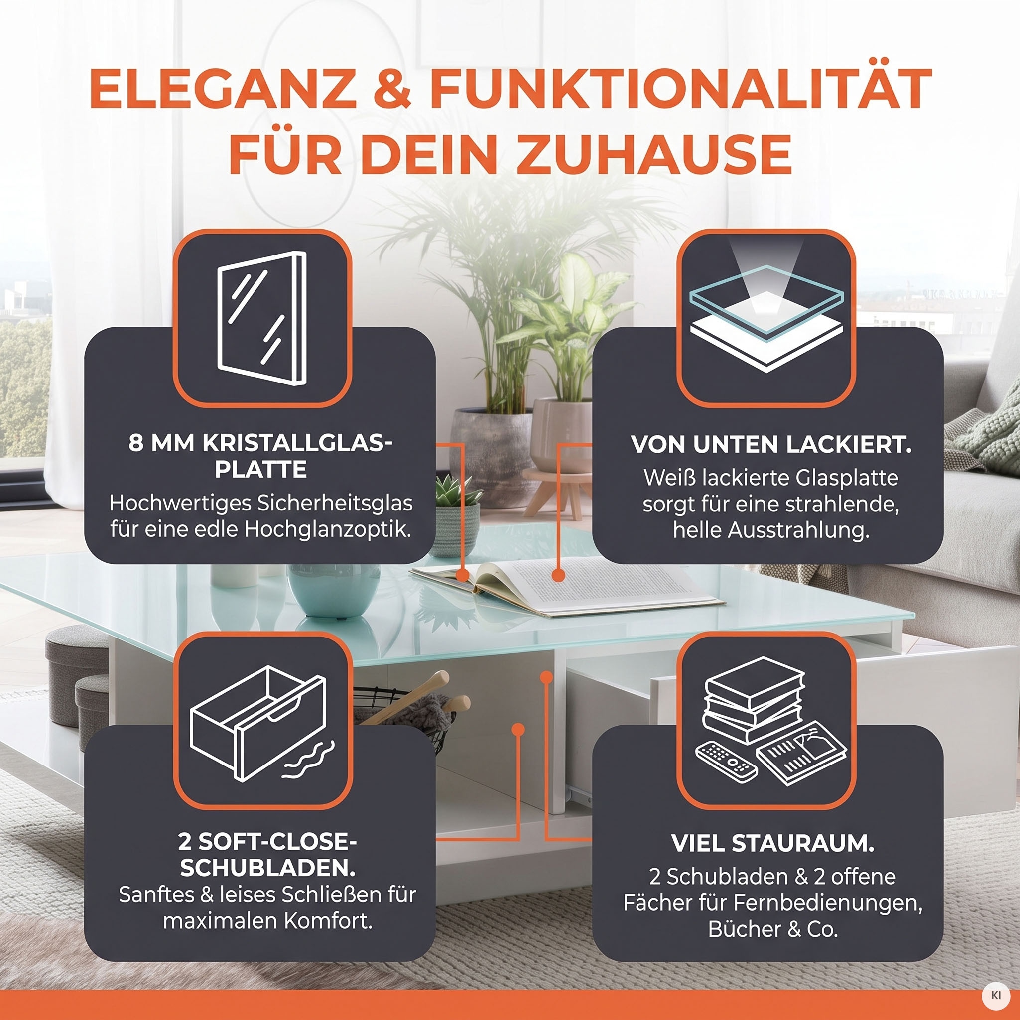 SalesFever Couchtisch »im minimalistischen Stil« Kristallklare Tischplatte aus gehärtetem Glas