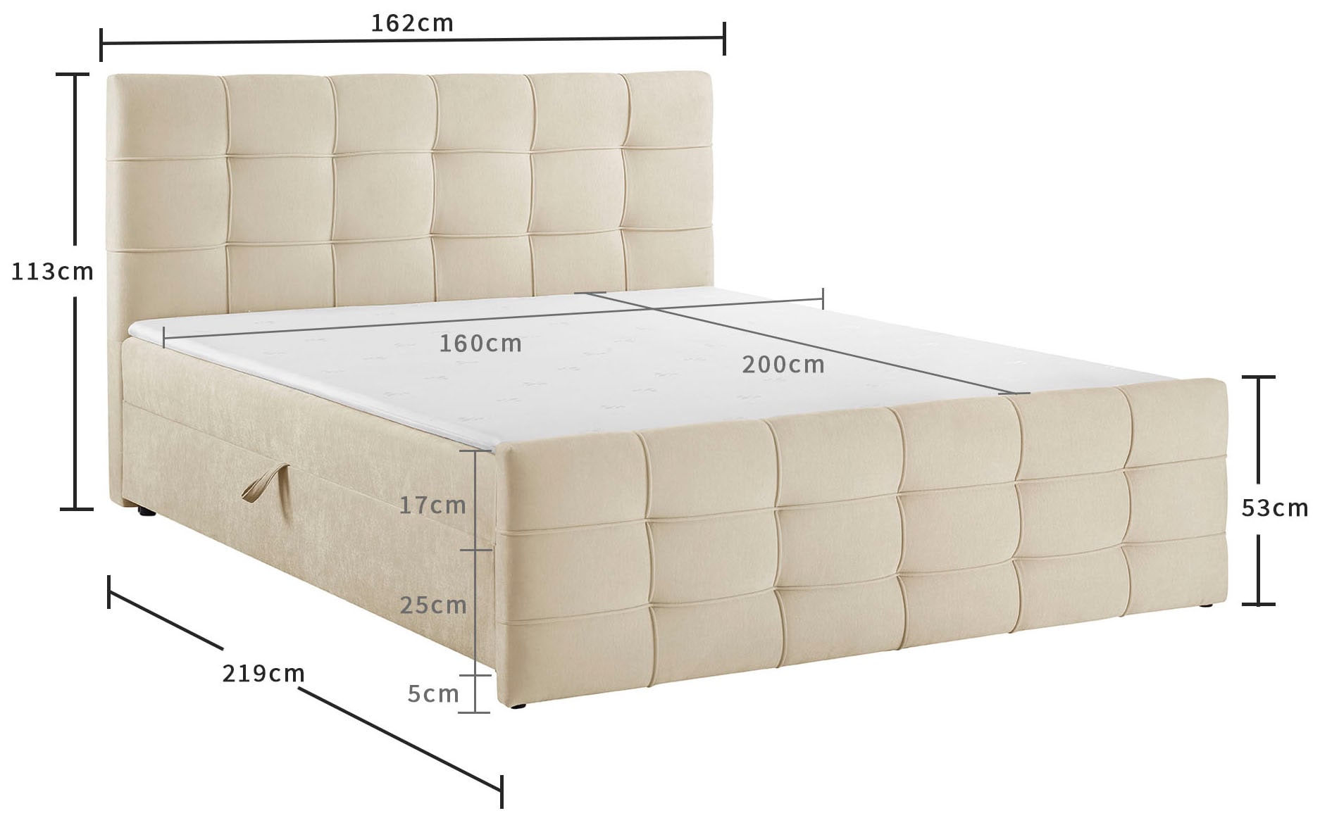 GOODproduct Lit de boxe »LILIENNE, Polsterbett mit Bettkasten und Taschenfederkernmatratze H3« avec surmatelas en mousse froide, revêtement en chenille, 160x200 & 180x200 cm