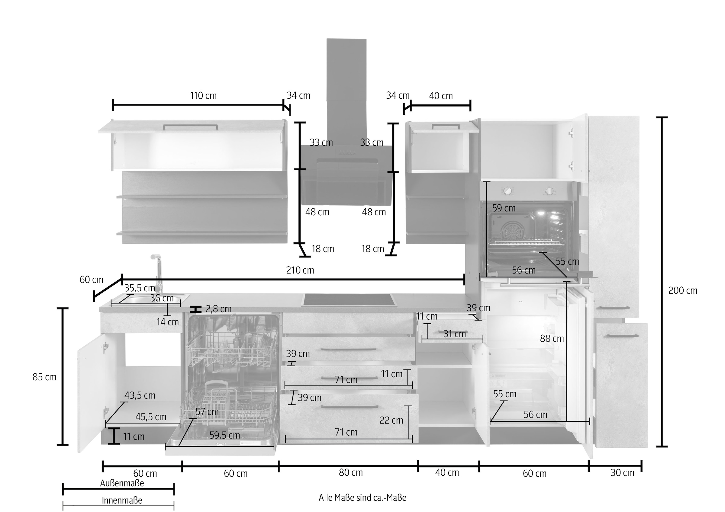 KOCHSTATION Küchenzeile »KS-Tulsa« ohne E-Geräte, Breite 320 cm, schwarze Metallgriffe, MDF Fronten