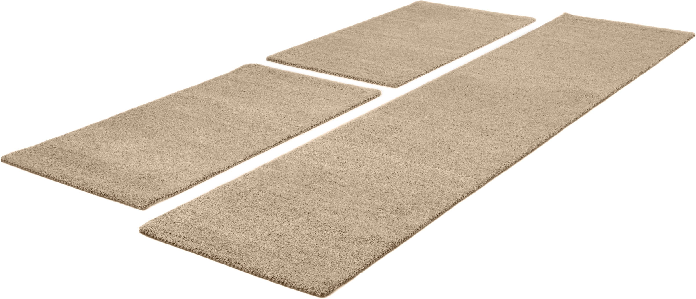 THEKO Bordure de lit »Gabbeh Uni, Handweb Teppich, meliert, reine Wolle« Höhe 14 mm 3 cuis tlg. Bettvorleger, Uni-Farben, handgewebt, Läufer-Set, Schlafzimmer