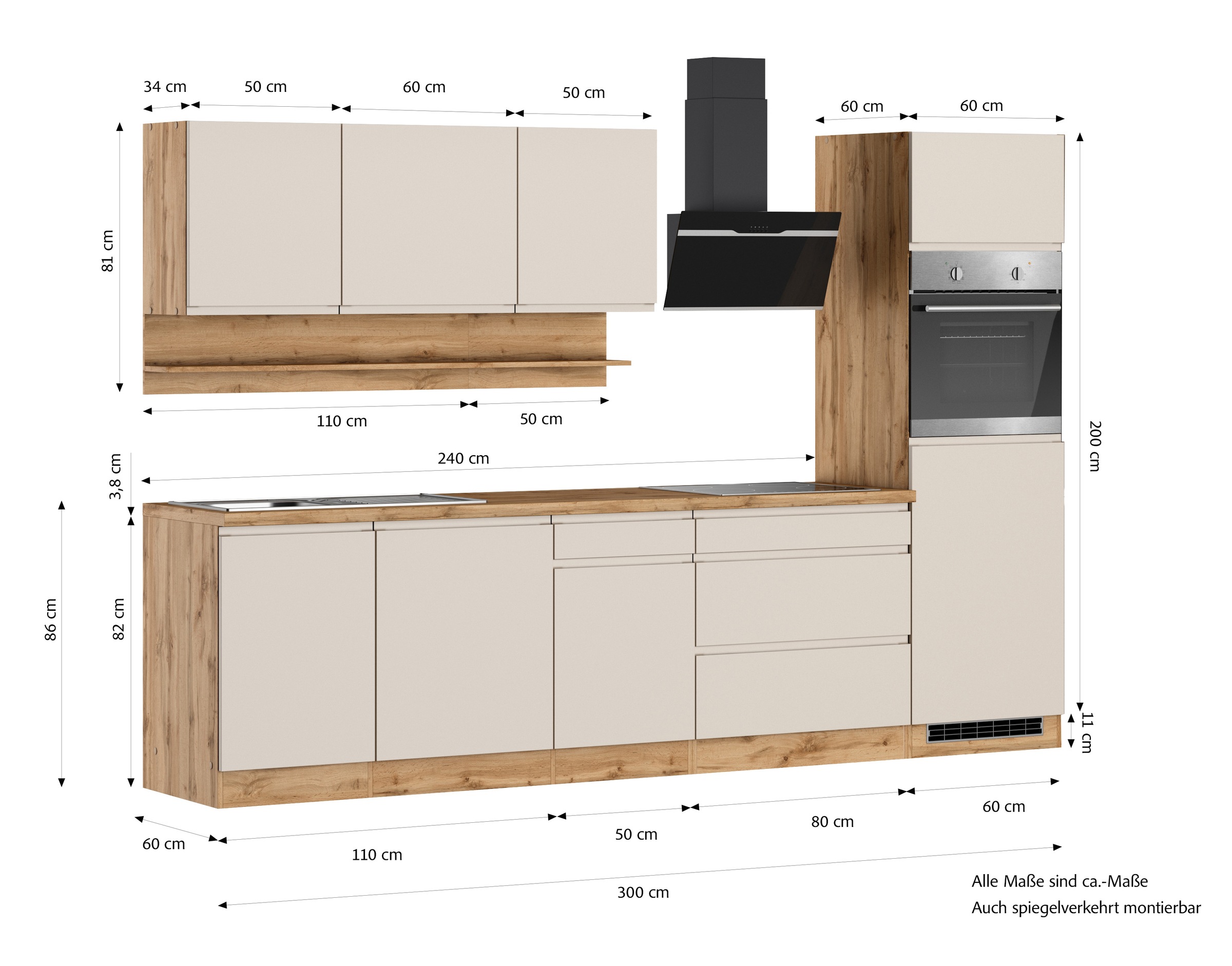 KOCHSTATION Kitchenette »KS-Virginia,neu in verbesserter Ausführung« plan de travail épaisseur 38 mm, rangement, fermeture douce,  largeur 300 cm, fermeture douce, avec appareils électriques en option