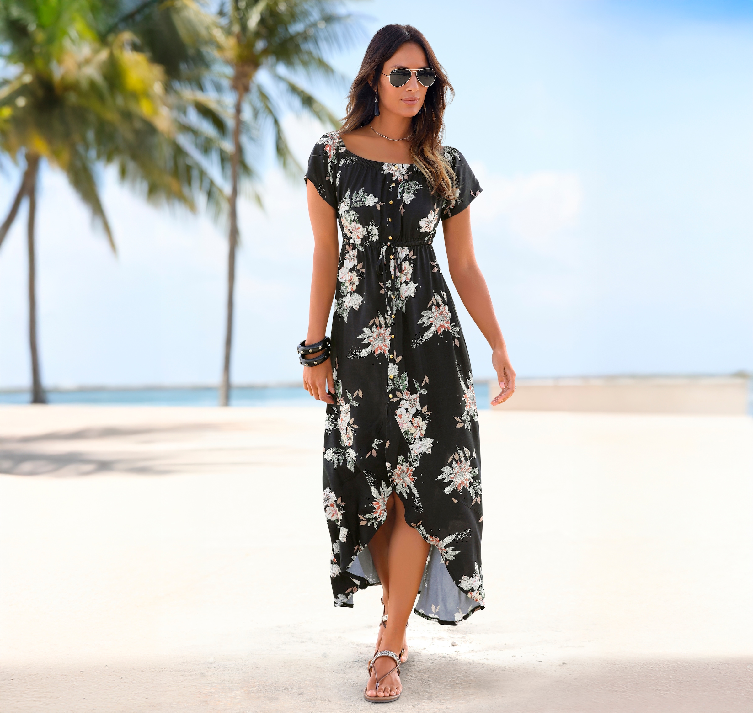 LASCANA Maxi robe »im angesagten Vokuhila-Schnitt und Carmenausschnitt« Sans poches elegantes Sommerkleid aus Webware, leichtes Boho-Kleid, Festival