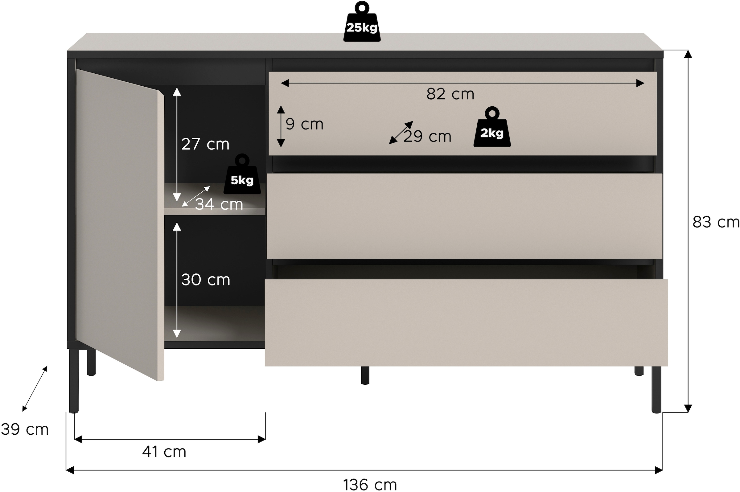 Home affaire Sideboard »NORT, Breite: 136cm, mit Metall Stabfuss, 1 Tür, 3 Schubkästen« Anrichte, Kommode, Schrank, Board, Higboard