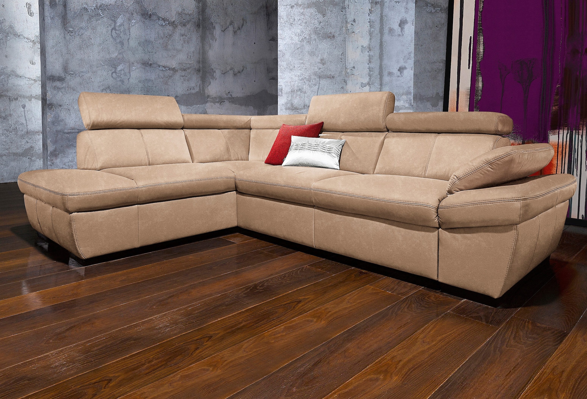 exxpo - sofa fashion Canapé d'angle »Salerno, Funktionssofa, hoher Sitzkomfort, Breite 268cm, L-Form« inkl. Kopf- und Armteilverstellung, wahlweise mit Bettfunktion
