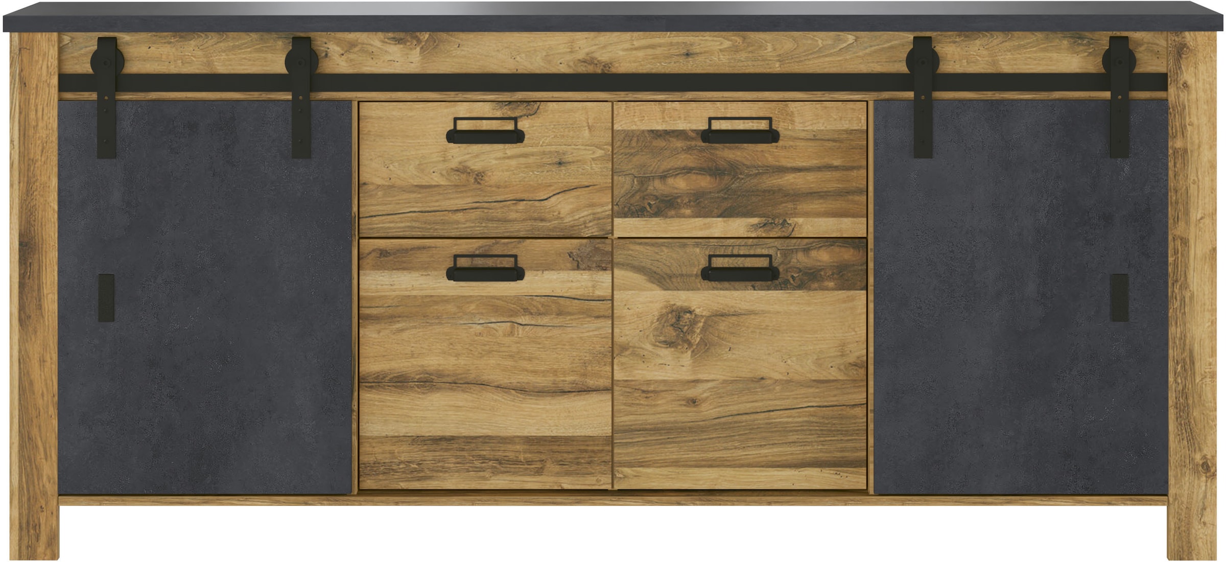 Home affaire Sideboard »York, moderner Schrank, Kommode in Hunton Oak Dekor, Industrialdesign« mit Scheunentorbeschlägen & Apothekergriffen aus Metall, 201 cm breit