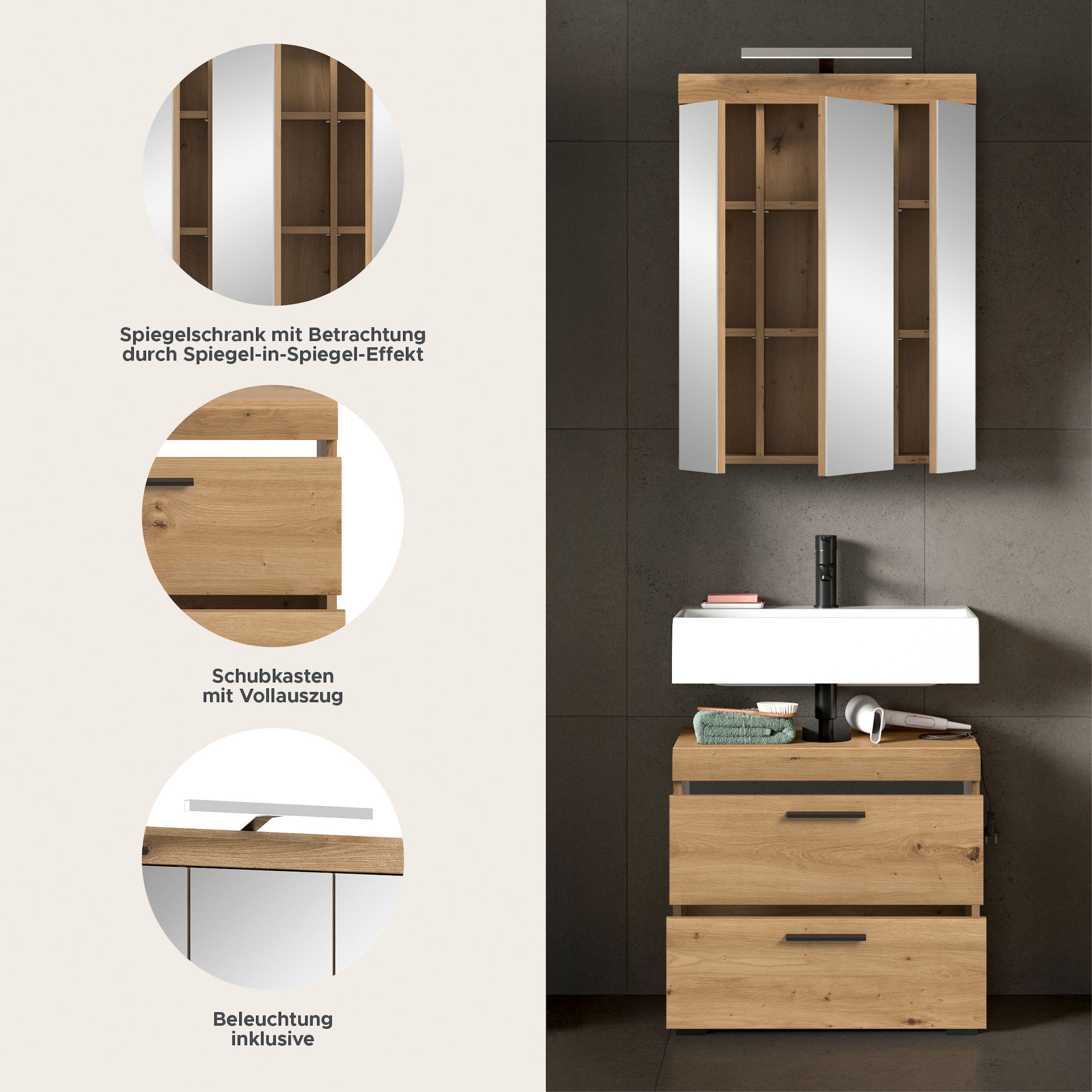 welltime Ensemble de meubles de salle de bain »SIENA, 2 teilig, inklusive LED Beleuchtung, bestehend aus:« Ensemble, BEST-SELLER !, 2 cuis tlg.