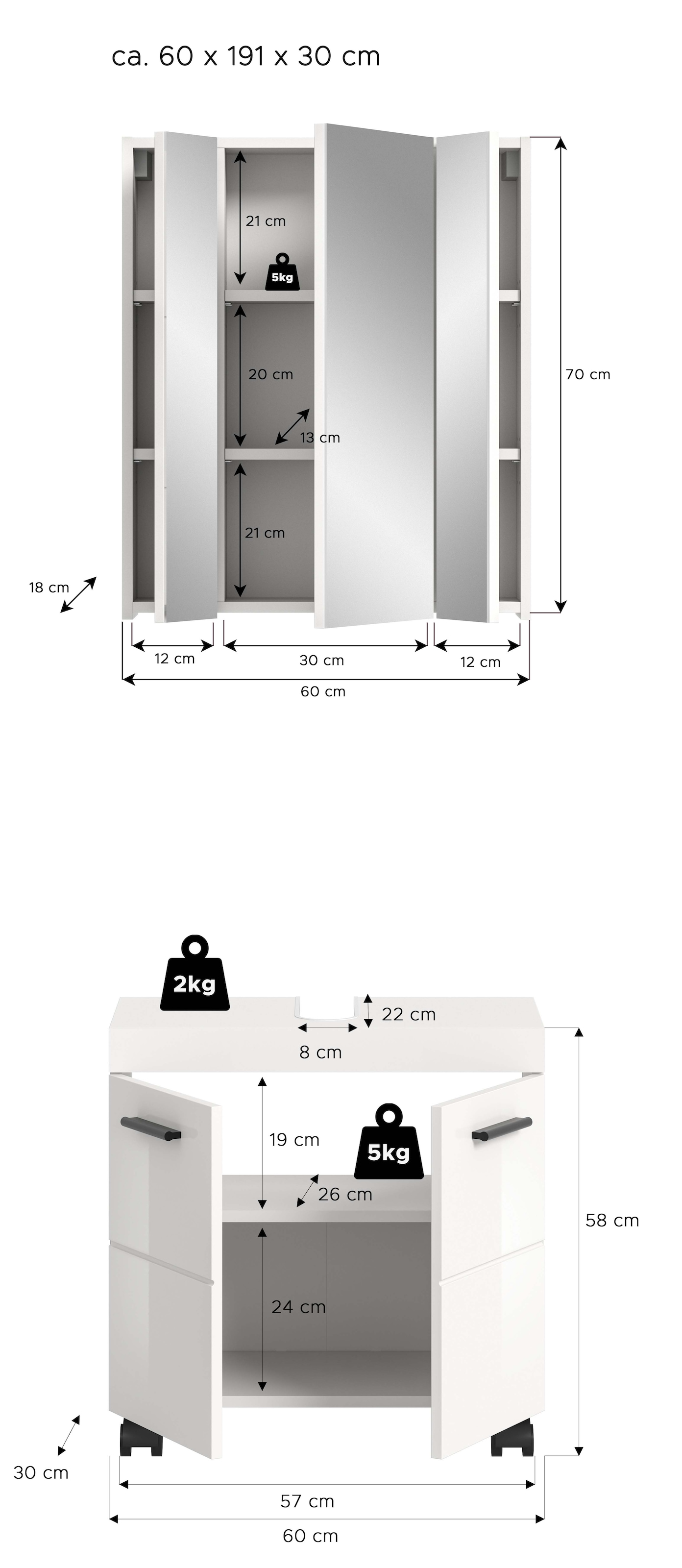 welltime Ensemble de meubles de salle de bain »AVON, Breite 60 cm, 2-teilige moderne Badkombination, auf Rollen« bestehend aus: Waschbeckenunterschrank & Spiegelschrank, 2 cuis tlg.