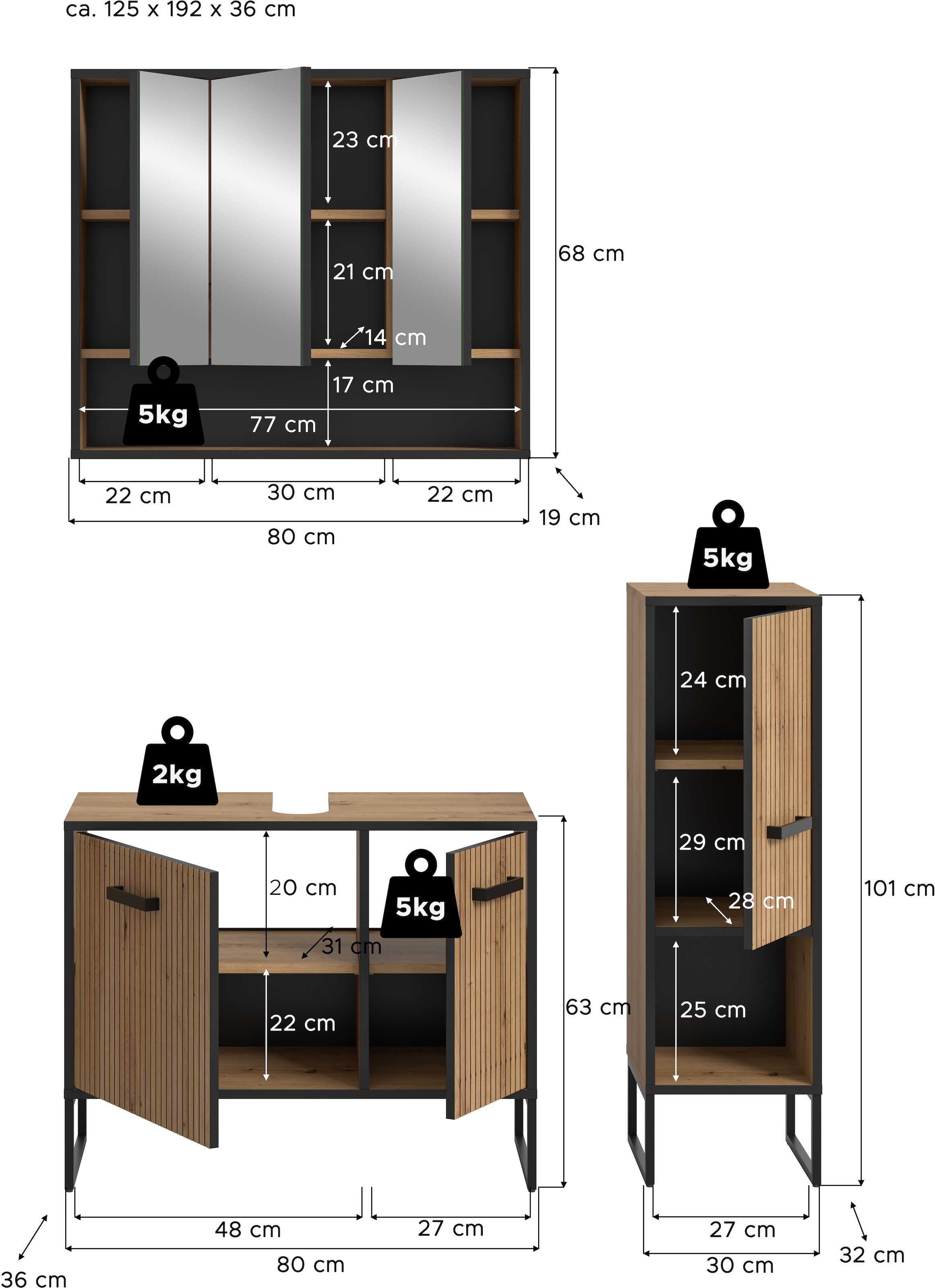 welltime Ensemble de meubles de salle de bain »LOCRI, 3-tlg. Badkombination, Breite 125 cm, Rillenoptik, Metallkufen« composé de : meuble sous lavabo, armoire miroir et armoire sur pied, 3 cuis tlg.