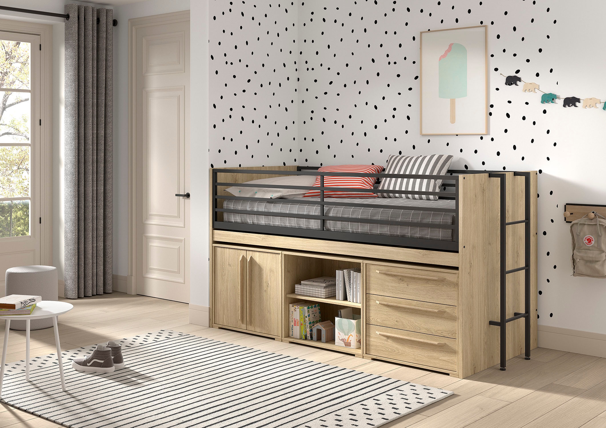 Vipack »Sam, schlafen und arbeiten in einem, wahlweise Eiche- oder Weiss-Dekor« Liegefläche 90x200 cm, darunter eine grosse ausziehbare Schreibplatte,  mit Absturzschutz, Leiter u. Stauraum, pflegeleichte Dekor Oberfläche
