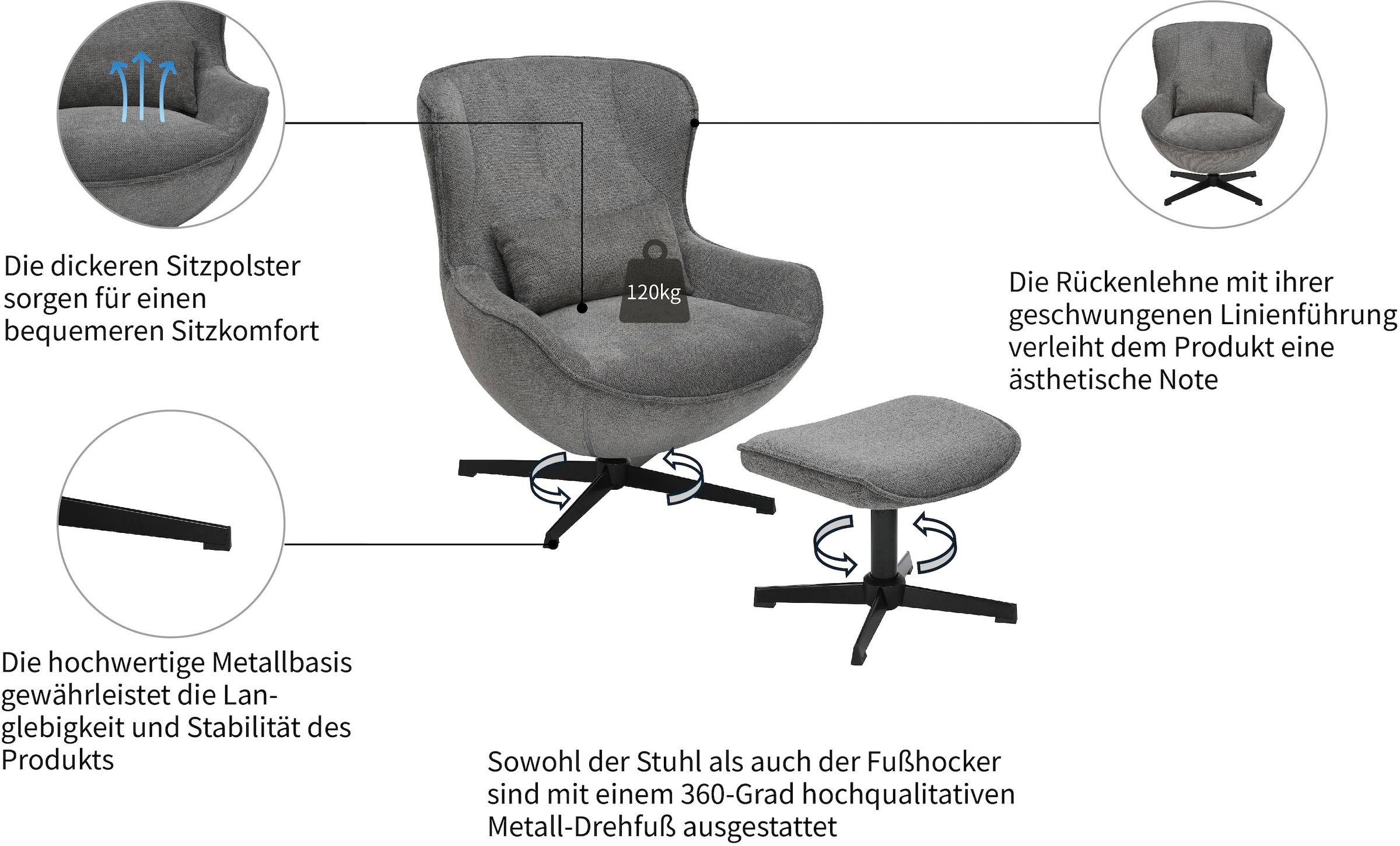 GOODproduct Fauteuil »YOLLI Relaxsessel, TV-Sessel mit Hocker« 360° Grad drehbar, Struktur-Bezug