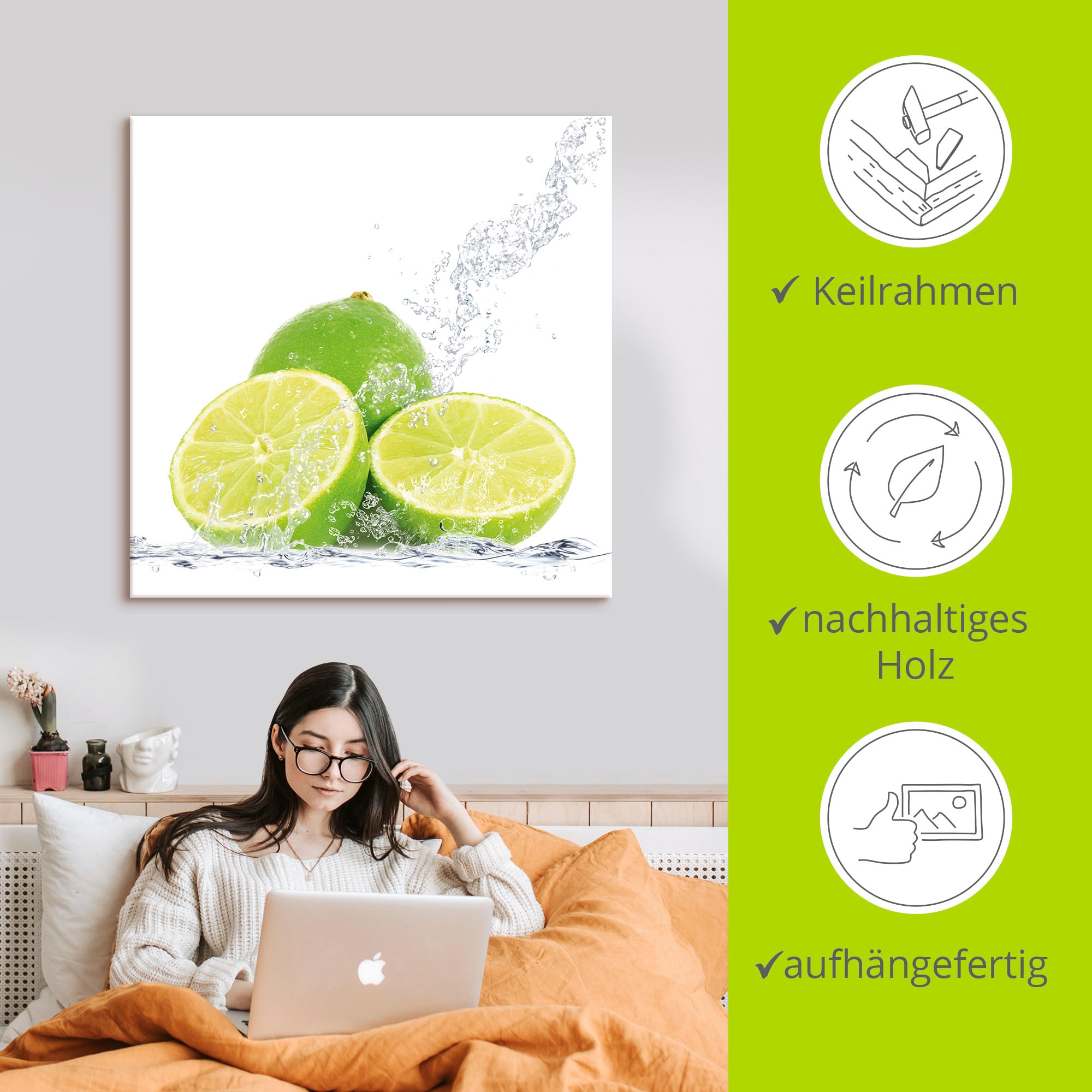 Artland Leinwandbild »Limette mit Spritzwasser« Lebensmittel 1 Stk. tlg. als Leinwandbild, Poster, Wandaufkleber in verschied. Grössen