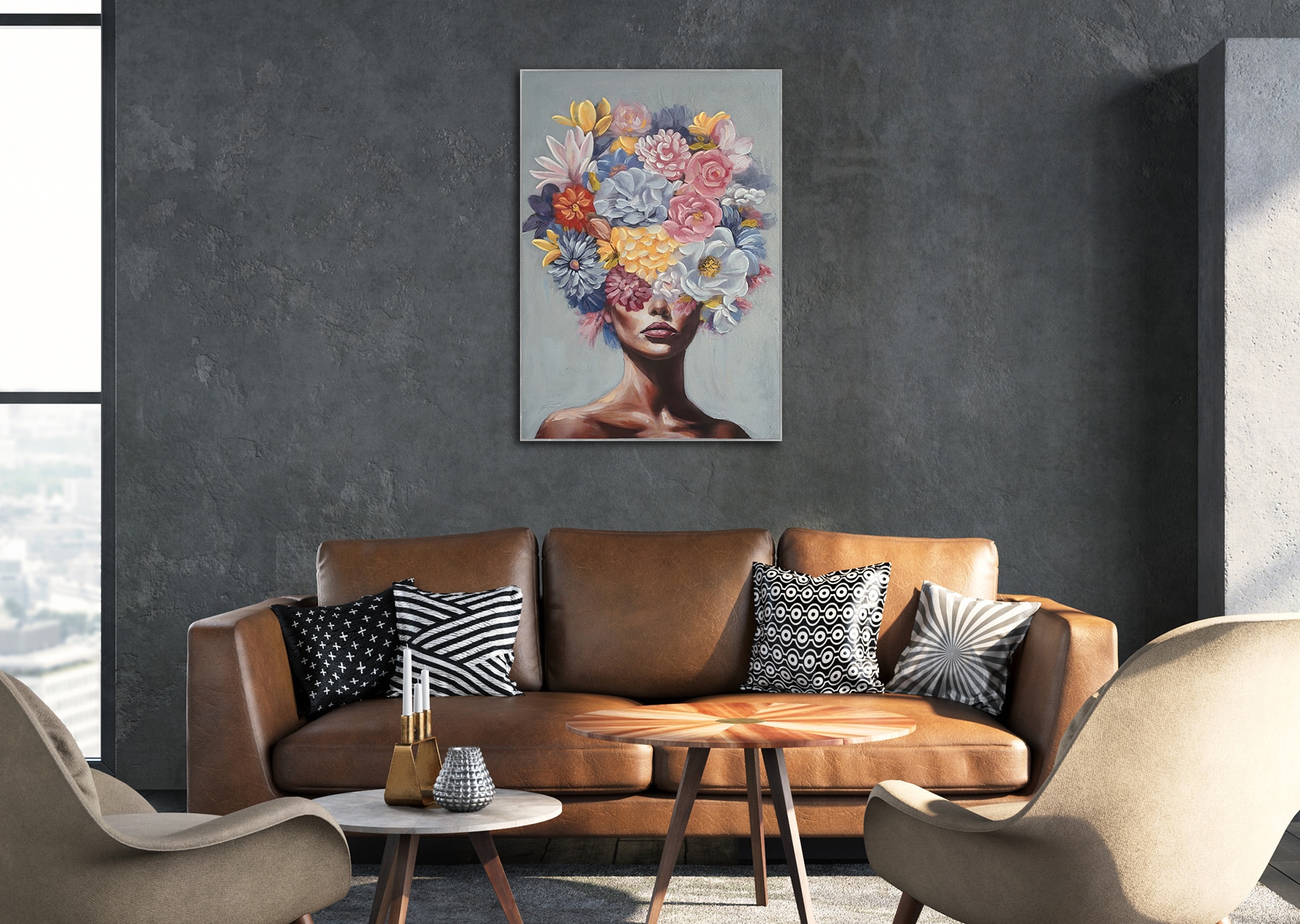 Bönninghoff Peinture à l'huile »handarbeit gerahmt FRAU MIT BLUMEN 60x90 cm – Wandbild Deko« Femme | Fleurs | Portrait 1 cuis tlg. fabriqué à la main, chaque image est unique, cadre à joint creux