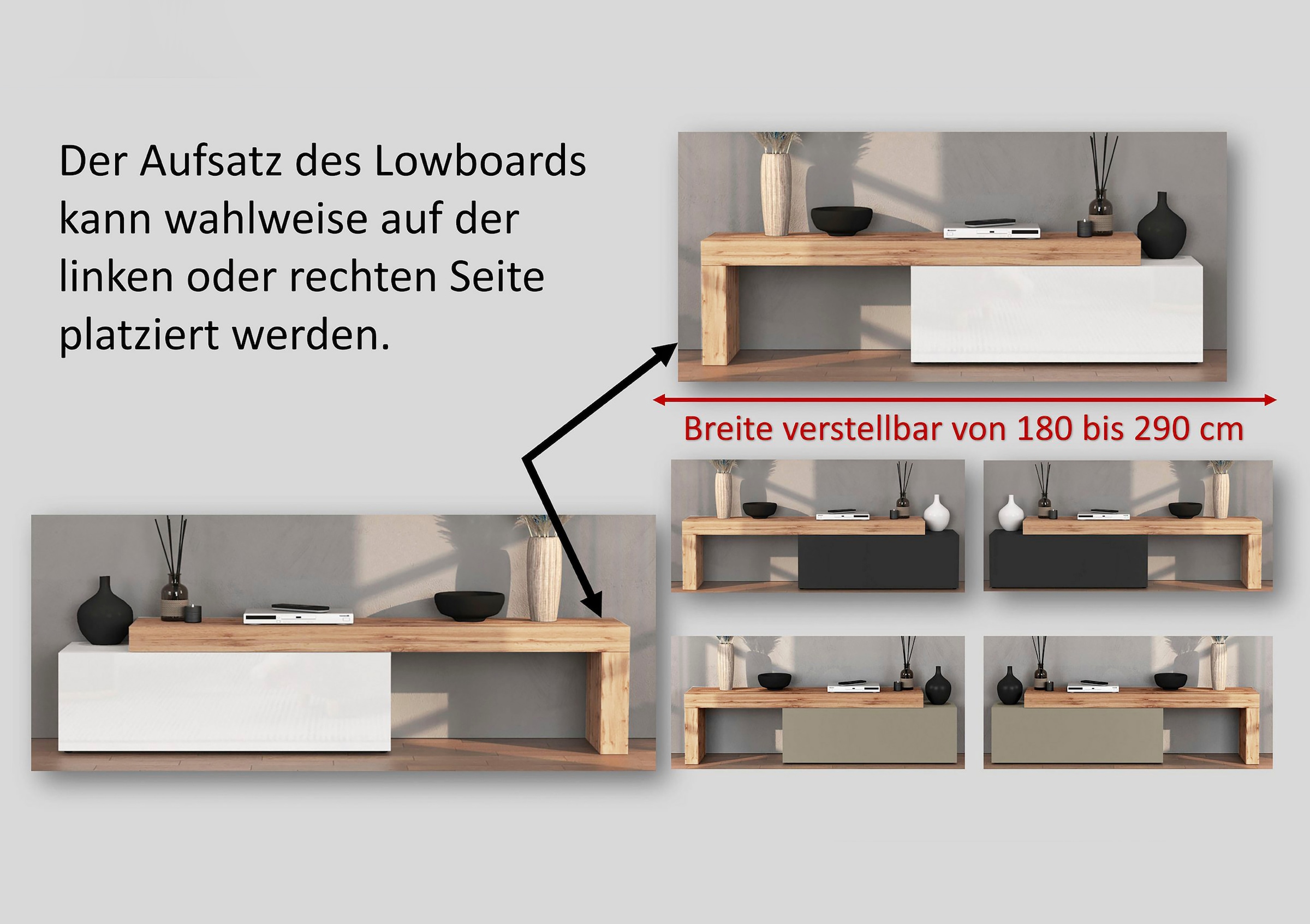 INOSIGN Table basse »Chronos TV-Board, T-Schrank« Breite verstellbar von 180 bis 290 cm, 1 cuis tlg. Breite 240 cm TV-Board,Lowboard,1 Klappe und ein L-Förmiger Aufsatz