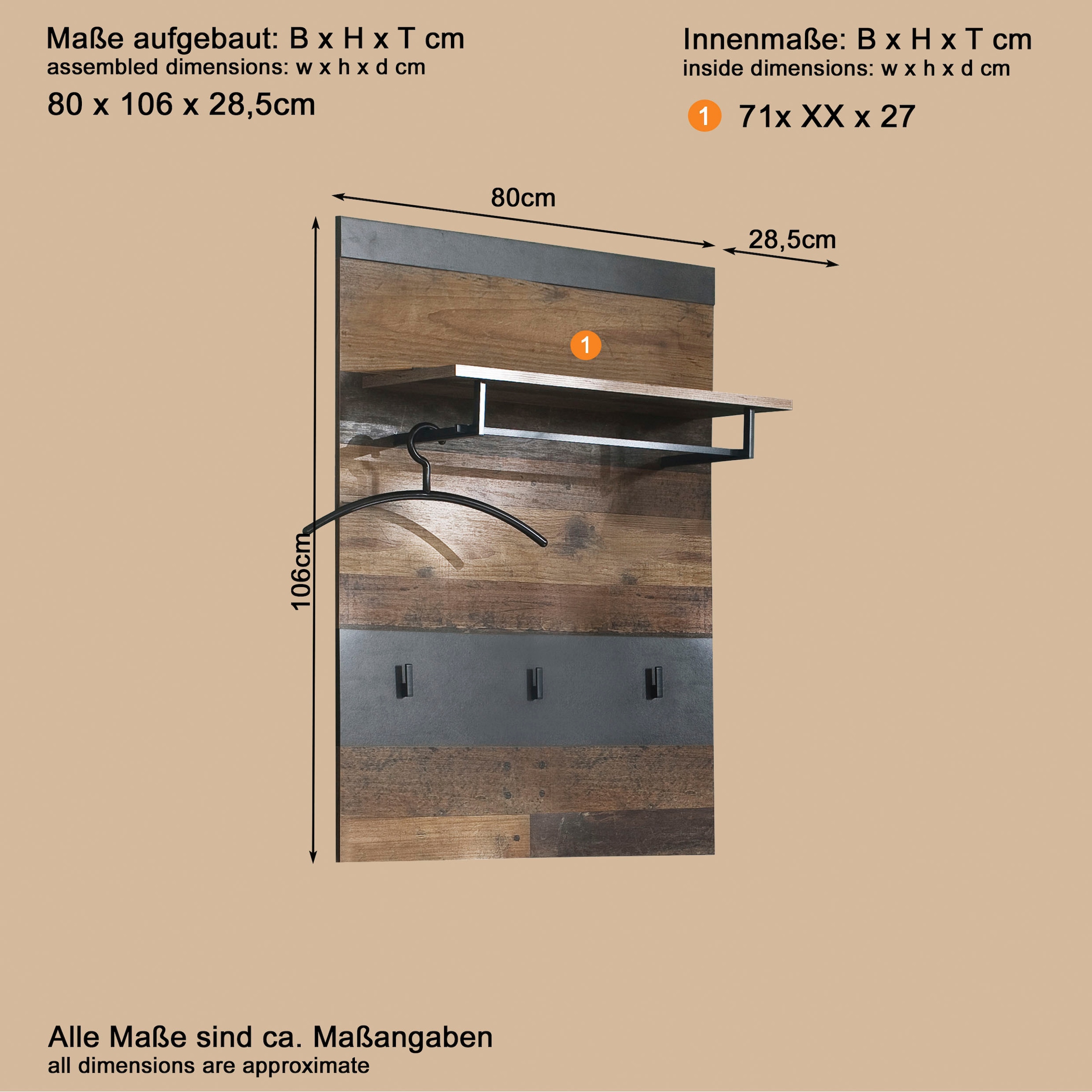 Home affaire Panneau de vestiaire »Ilana« Garderobenpaneel mit Ablage & Haken - (B/T/H) 80/29/106 cm