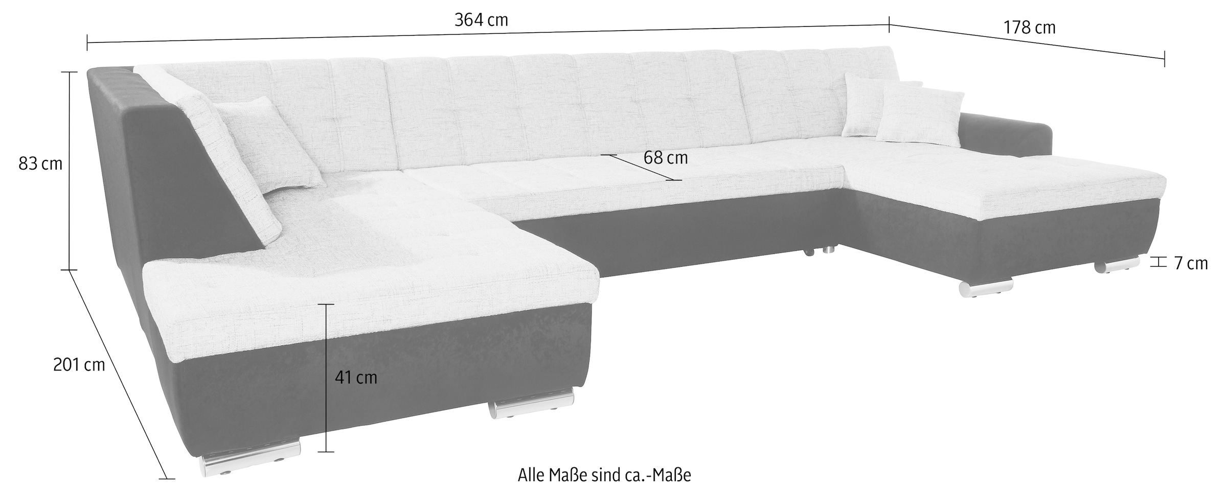 DOMO collection Wohnlandschaft »Treviso incl. Zierkissen, moderne Steppung, XXL: B/T/H: 364/201/83 cm« wahlweise mit Bettfunktion, in vielen Bezugsarten auch in Cord  U-Form