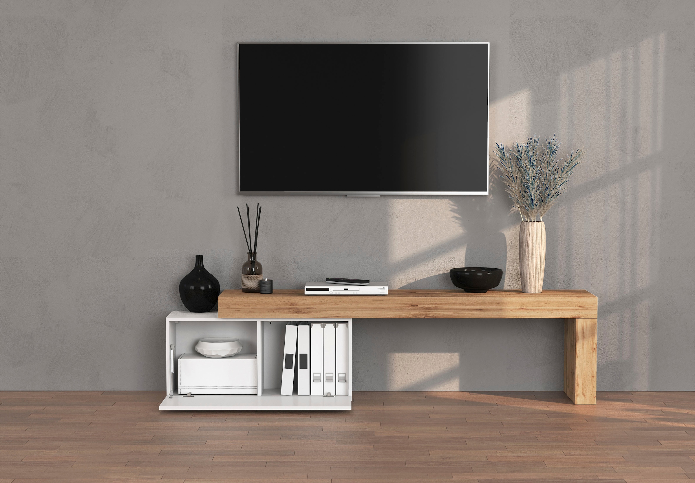 GOODproduct Table basse »Chronos TV-Board, TV-Schrank« Breite verstellbar von 180 bis 260 cm, 1 cuis tlg. Breite 220 cm TV-Board,Lowboard,1 Klappe und ein L-Förmiger Aufsatz
