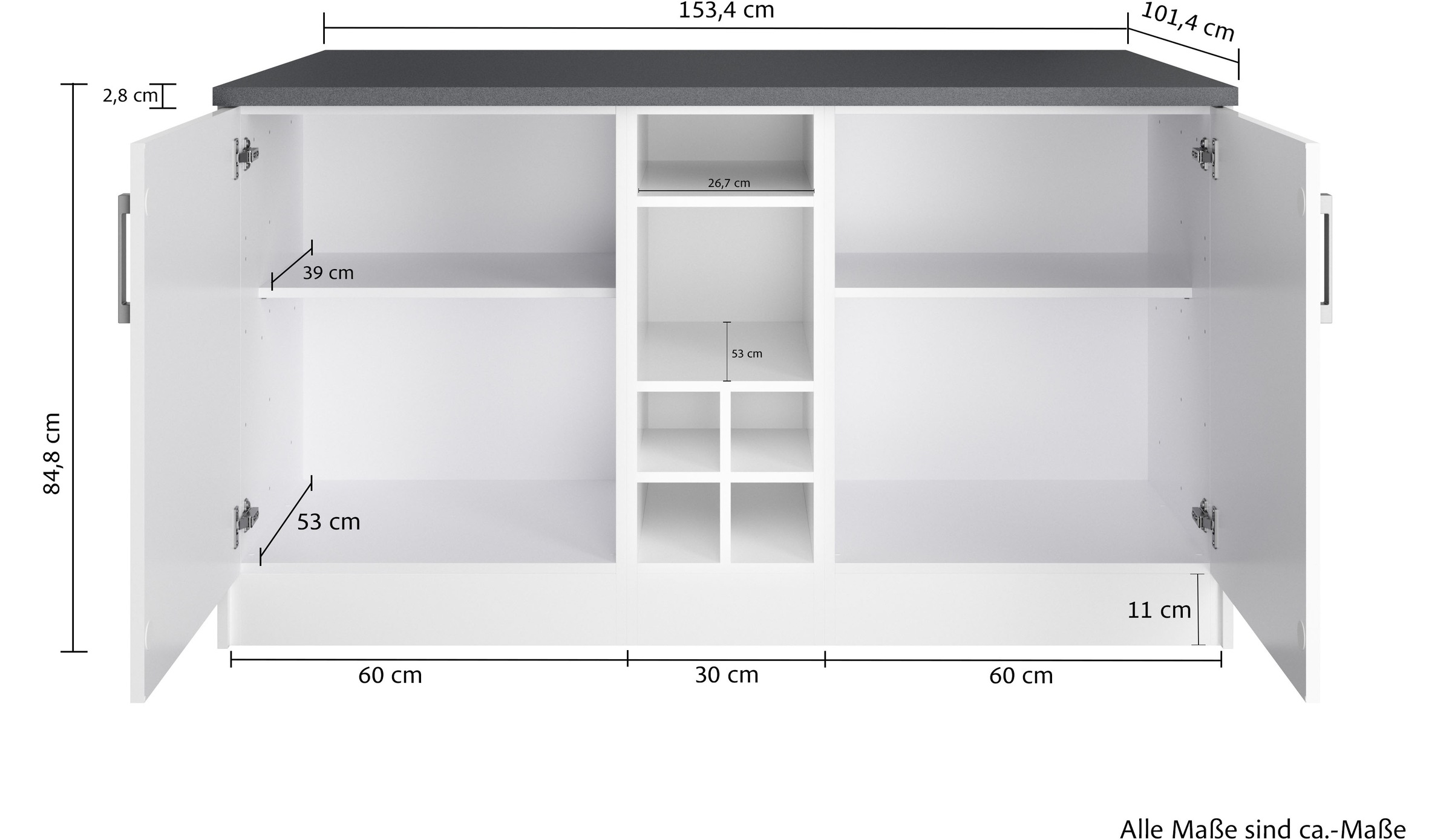 KOCHSTATION Ilot de cuisine »KS-Toronto« largeur 153 cm, façades MDF, casier à bouteilles