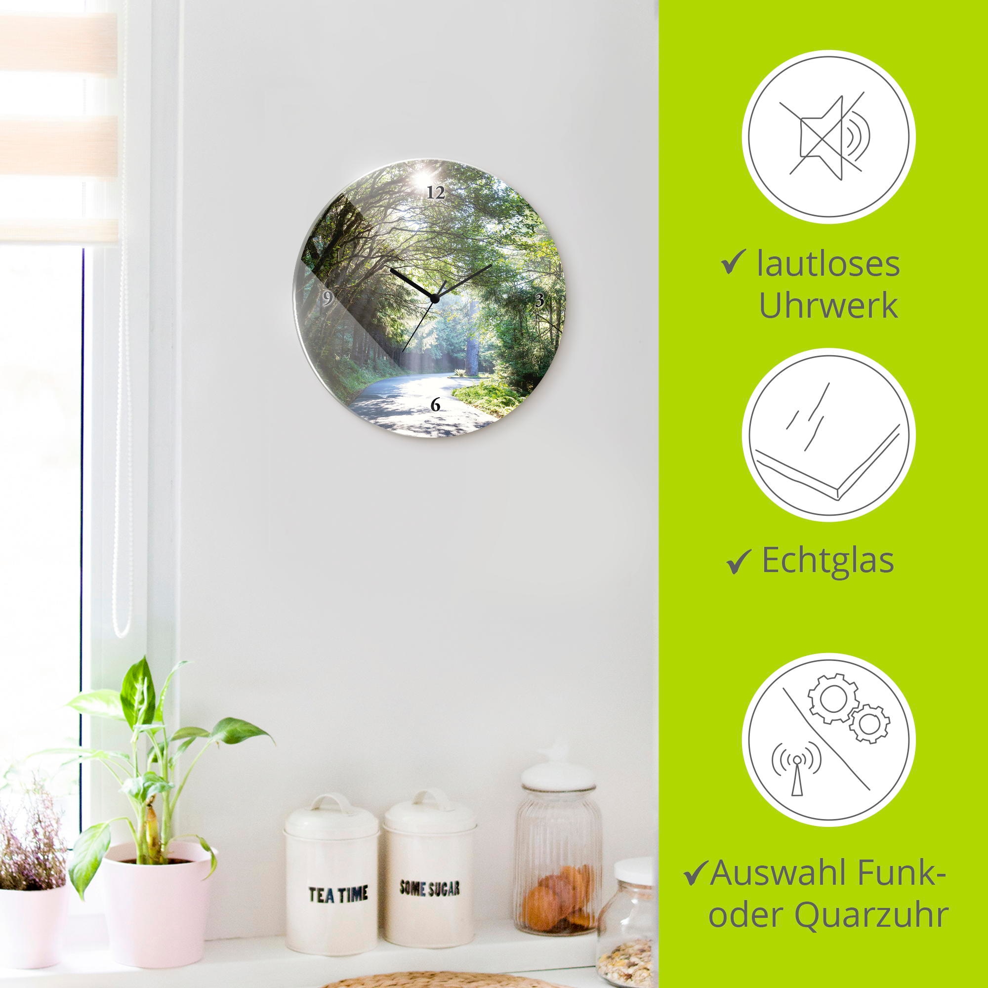 Artland Wanduhr »Glasuhr rund Sonniger Wald« wahlweise mit Quarz- oder Funkuhrwerk, lautlos ohne Tickgeräusche