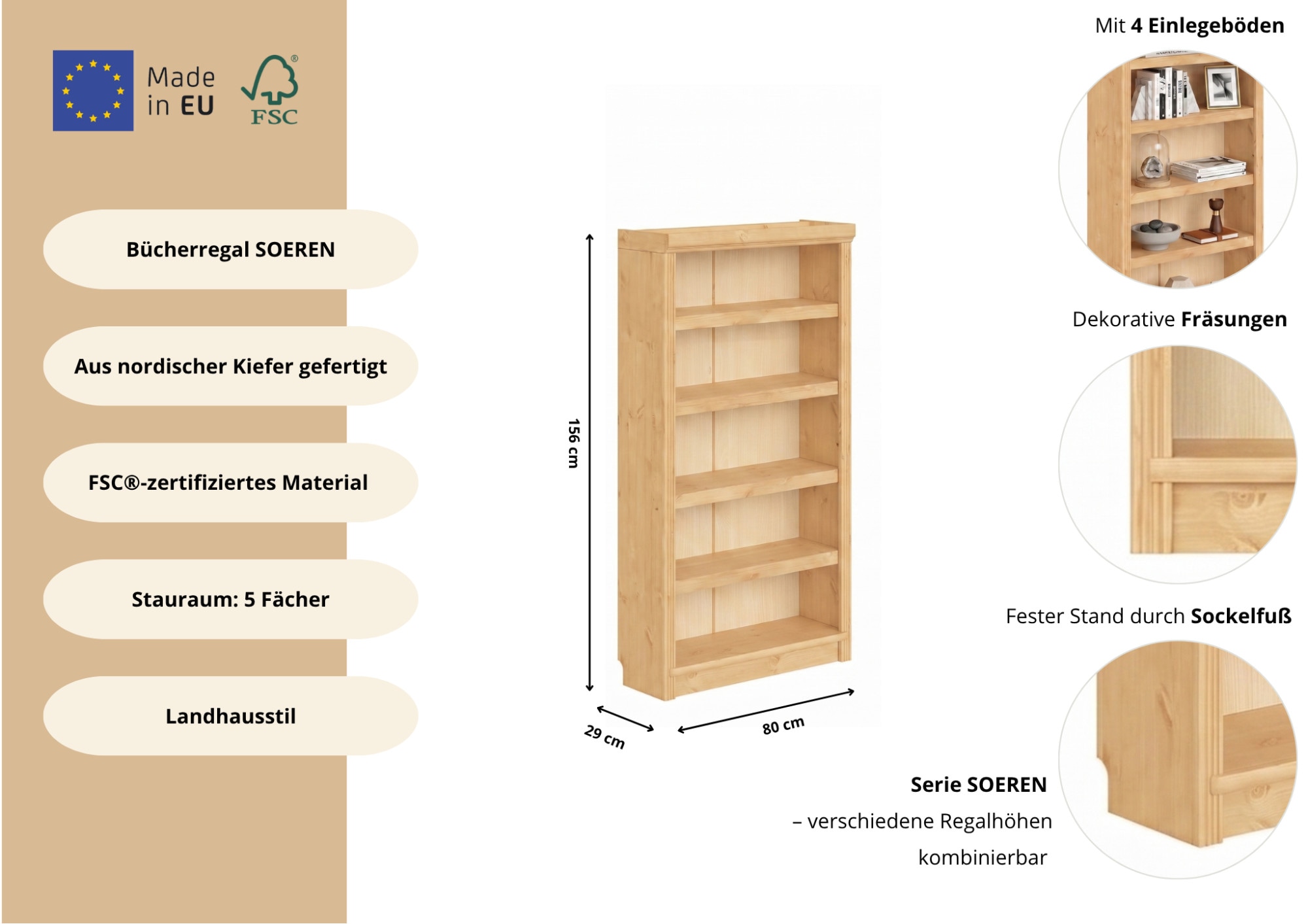 GOODproduct Étagère à livres »Soeren« en pin massif, profondeur 29 cm, certifié FSC®