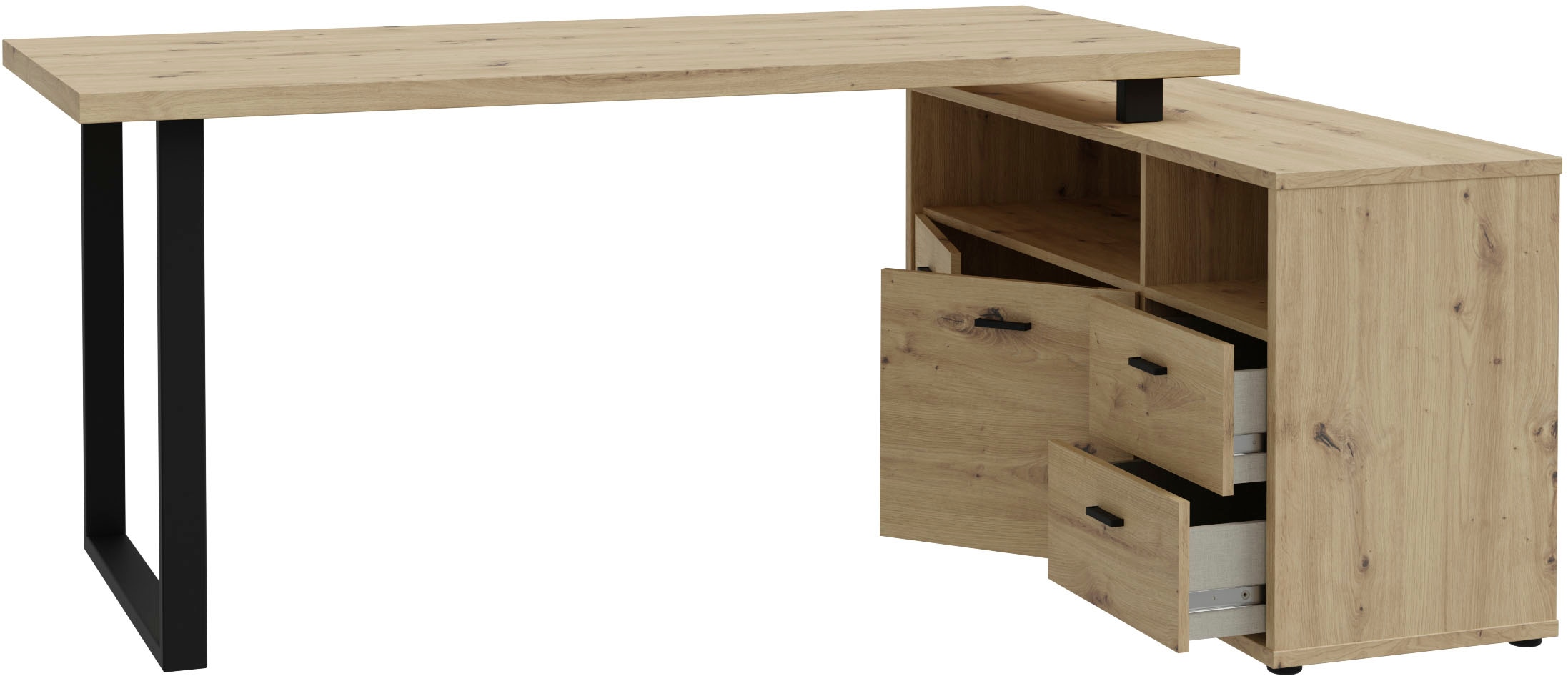 FORTE Bureau d'angle »Goldsboro« avec 2 tiroirs & portes, patins et poignées en métal noir, 124x181 cm