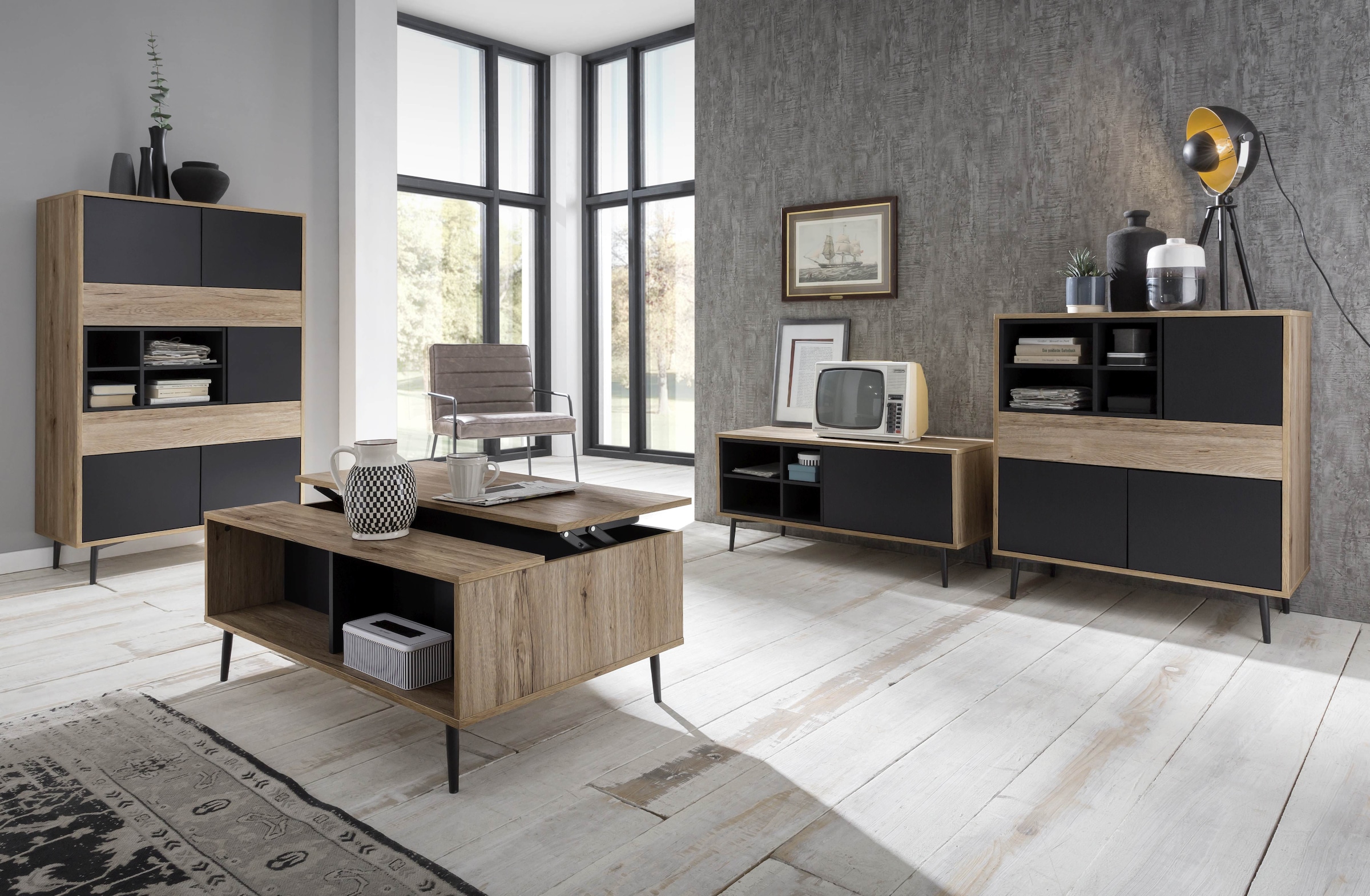 SIT Table basse »Mértola im Scandi-Stil mit 2 offenen Fächern und Ausziehplatte« Plateau réglable en hauteur avec surface de rangement extensible