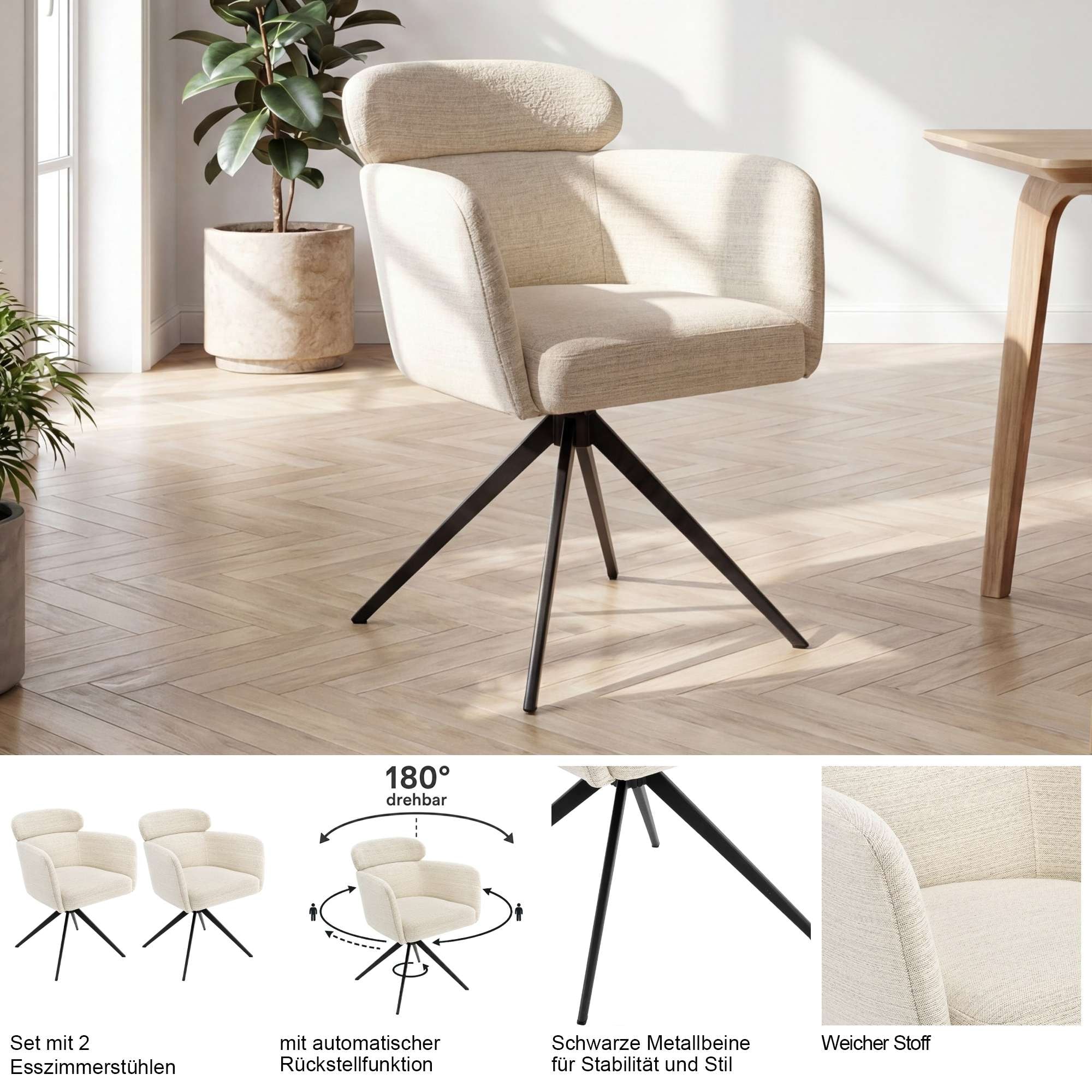GOODproduct Chaise de salle à manger »Isarco« () 2 cuisretour automatique à 360°, dossier rembourré, accoudoir et surface d'assise