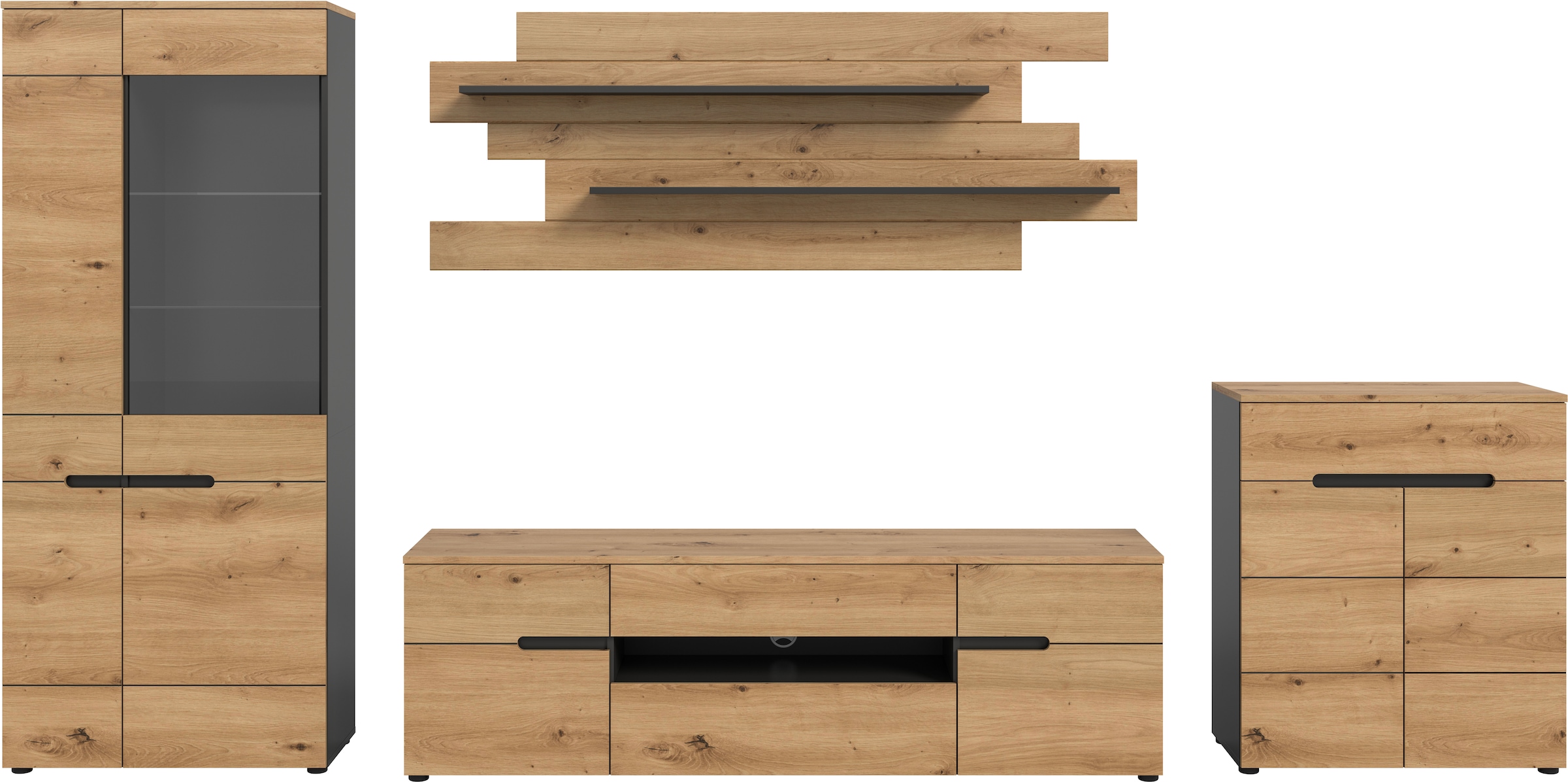 Home affaire Wohnwand »REHAT, TOPSELLER!, 4-teilig, Breite 375 cm, individuell stellbar« Set bestehend aus: Vitrine, Lowboard, Wandboard und Kommode, 4 Stk. tlg.