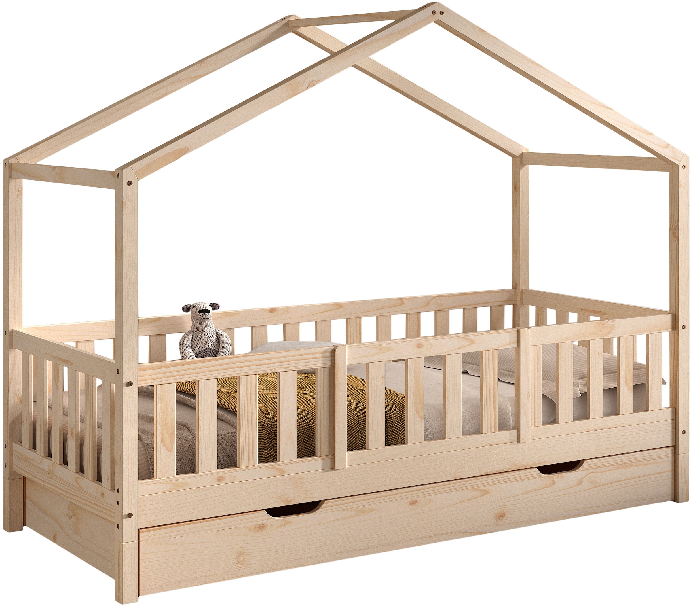 Vipack Hausbett »Dallas, Massivholzbett mit Dachaufbau umbaubar vom Boden- zum Daybett« mit Bettschublade, wahlweise Kiefer massiv natur oder weiss