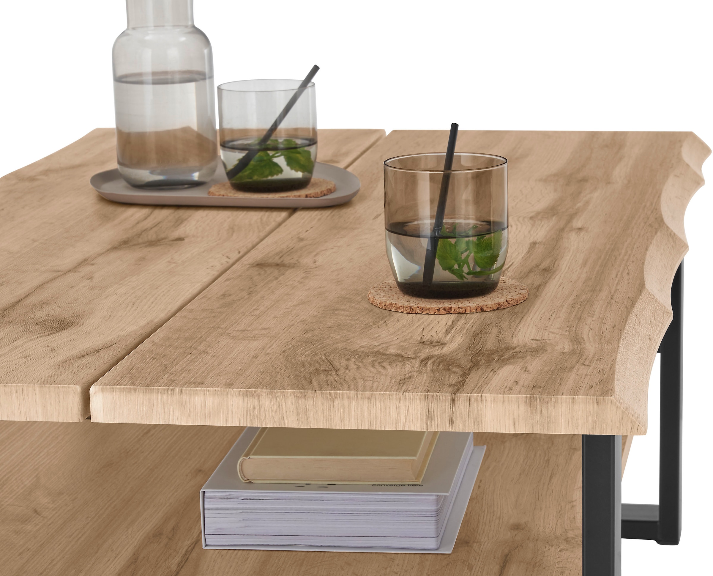 Stolkom Couchtisch »Venice Wohnzimmertisch mit Baumkante, BxHxT 107x40x66 cm« Baumkantenoptik, Industrial Style, 1 Ablageboden, Wotan Eiche Optik