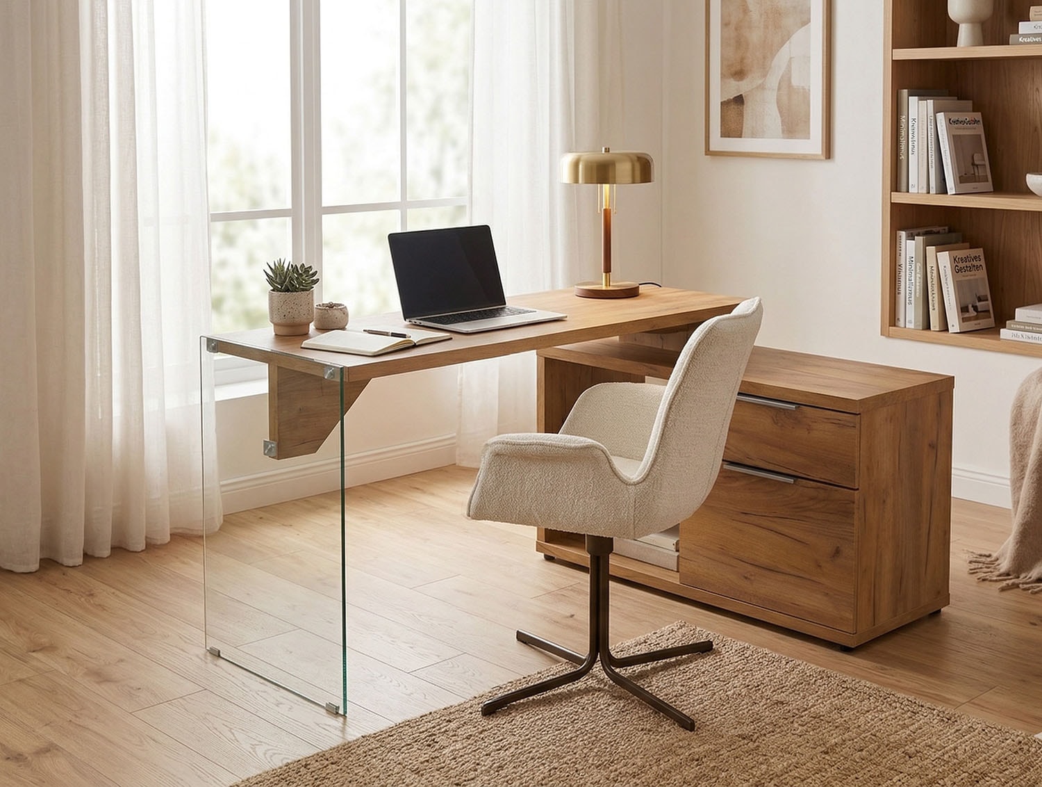 Jahnke Bureau d'angle »LUX C 135 E« bureau d'angle, montage réversible, verre, 1 tiroir et 2 compartiments