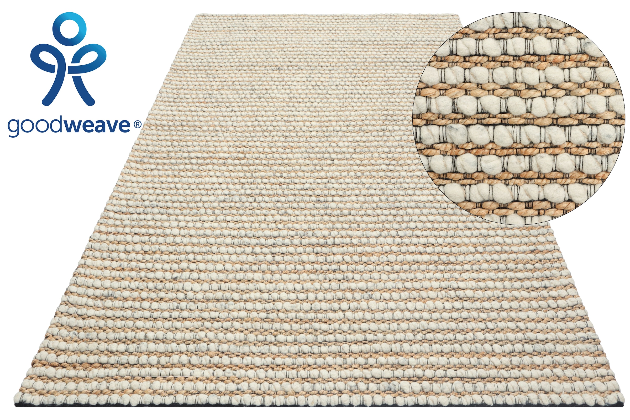 GOODproduct Tapis en laine »Leevy, Wolle und Jute, handgewebt, Handweb Teppiche« Rectangulaire 25 mm Höhe belle optique rayée, salon, chambre, salle à manger