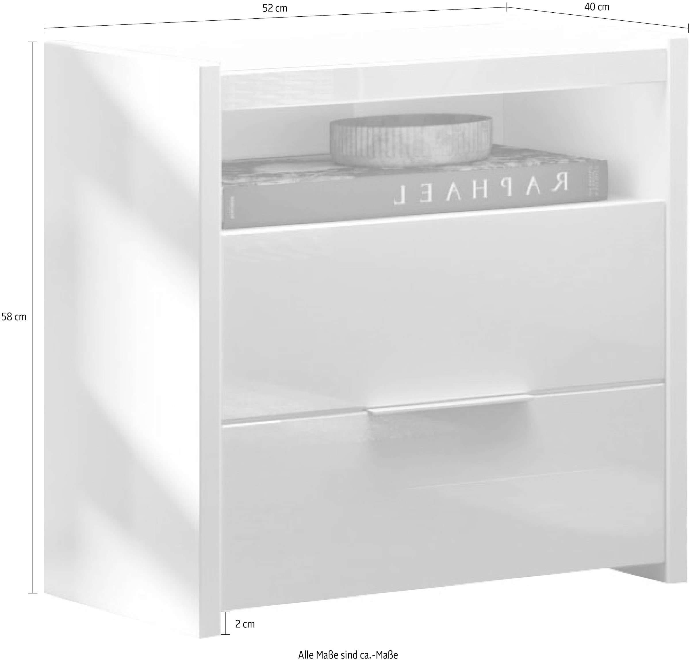 INOSIGN Table de nuit »Malmo, Nachtschrank 2er Set, B/T/H 52/40/58 cm, mit 2 Schubkästen,« Set, 2 Nachtkommoden,  offene Ablage, Top 22 mm stark, Metallgriff, Weiss Hochglanz Lack