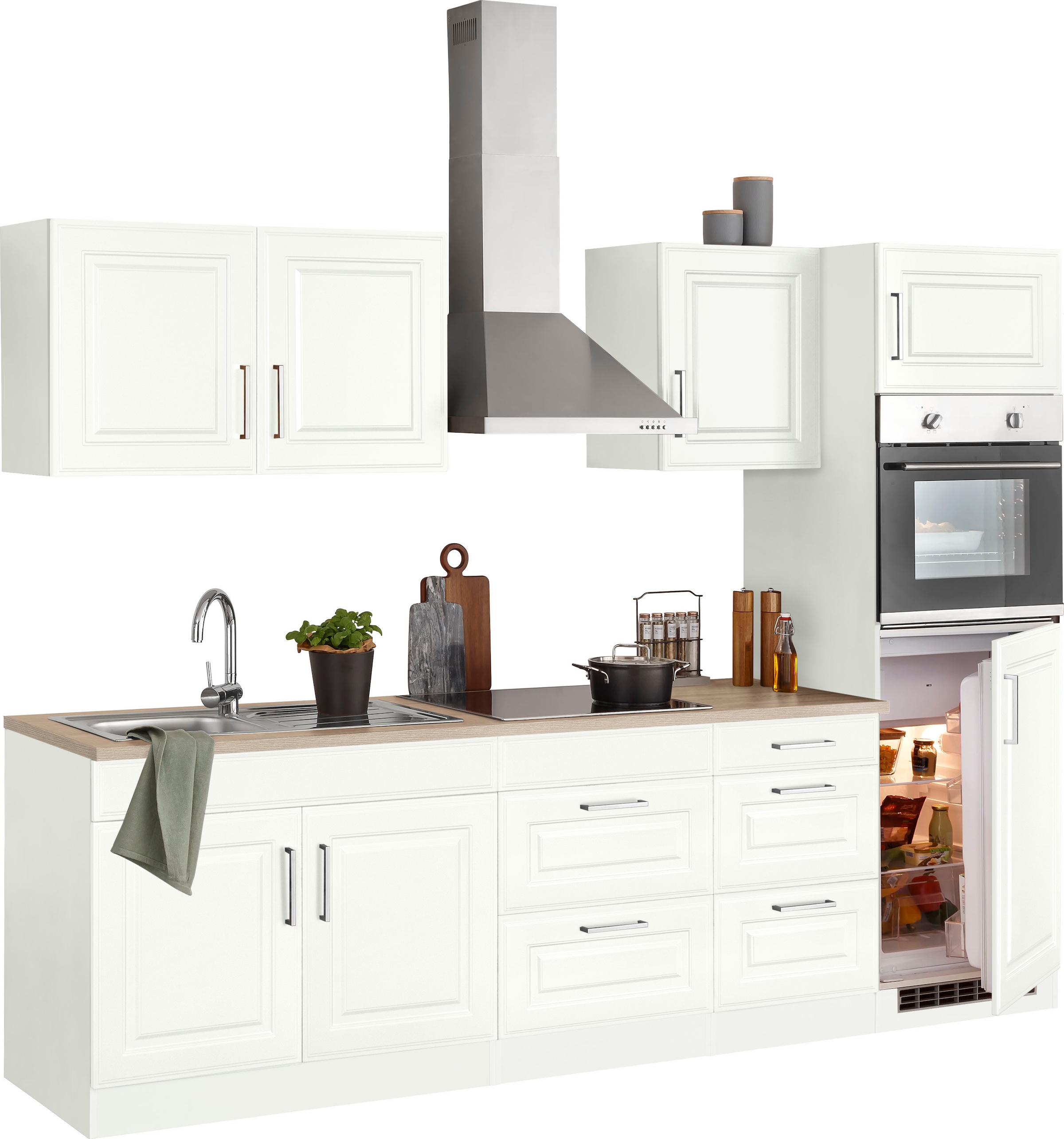 KOCHSTATION Kitchenette »KS-Stockholm – Küche mit hochwertiger und detailreicher Landhausfront« largeur 270 cm, avec appareils électroménagers en option, façades MDF