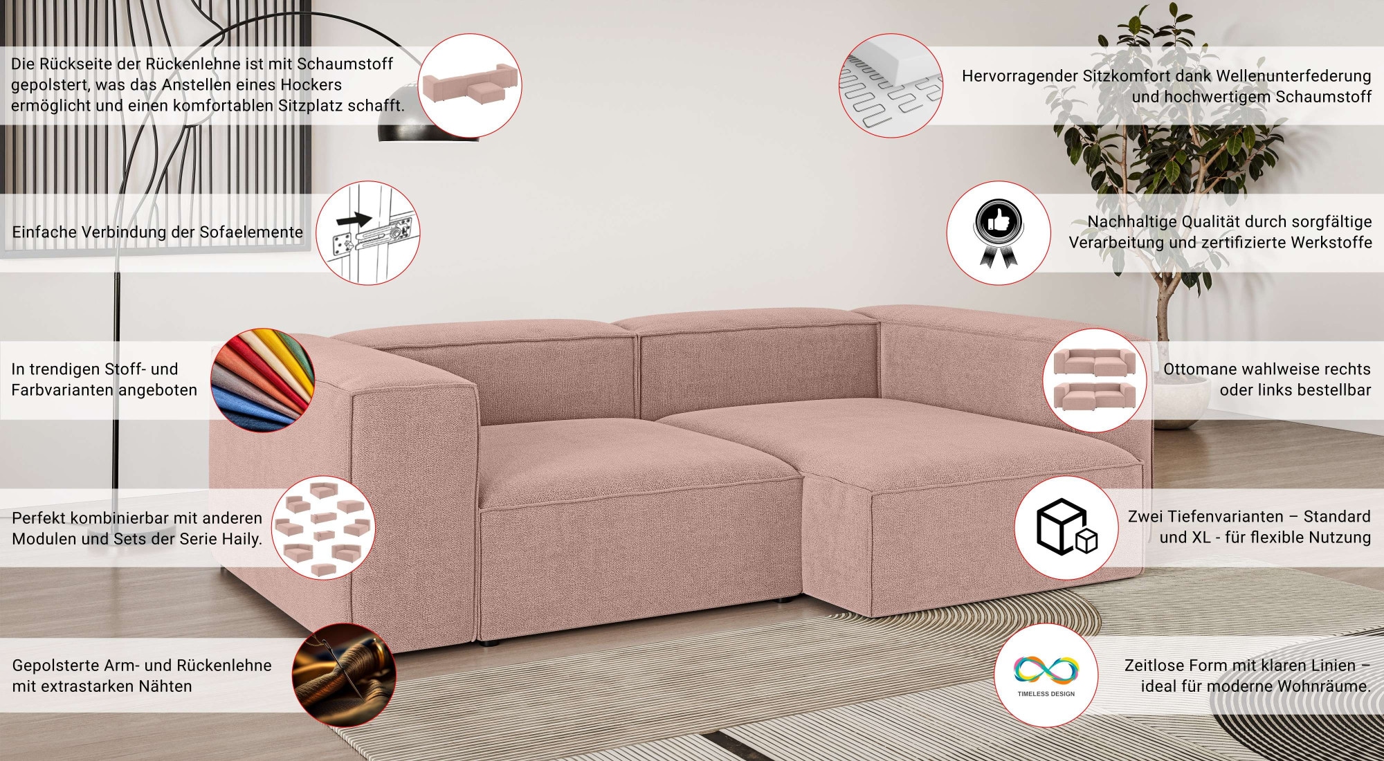 INOSIGN Canapé d'angle »XL HAILY L-Form, Modularsofa extra tief, Masse B/T/H: 260/160/72 cm« als Modul oder separat verwendbar, für individuelle Zusammenstellung