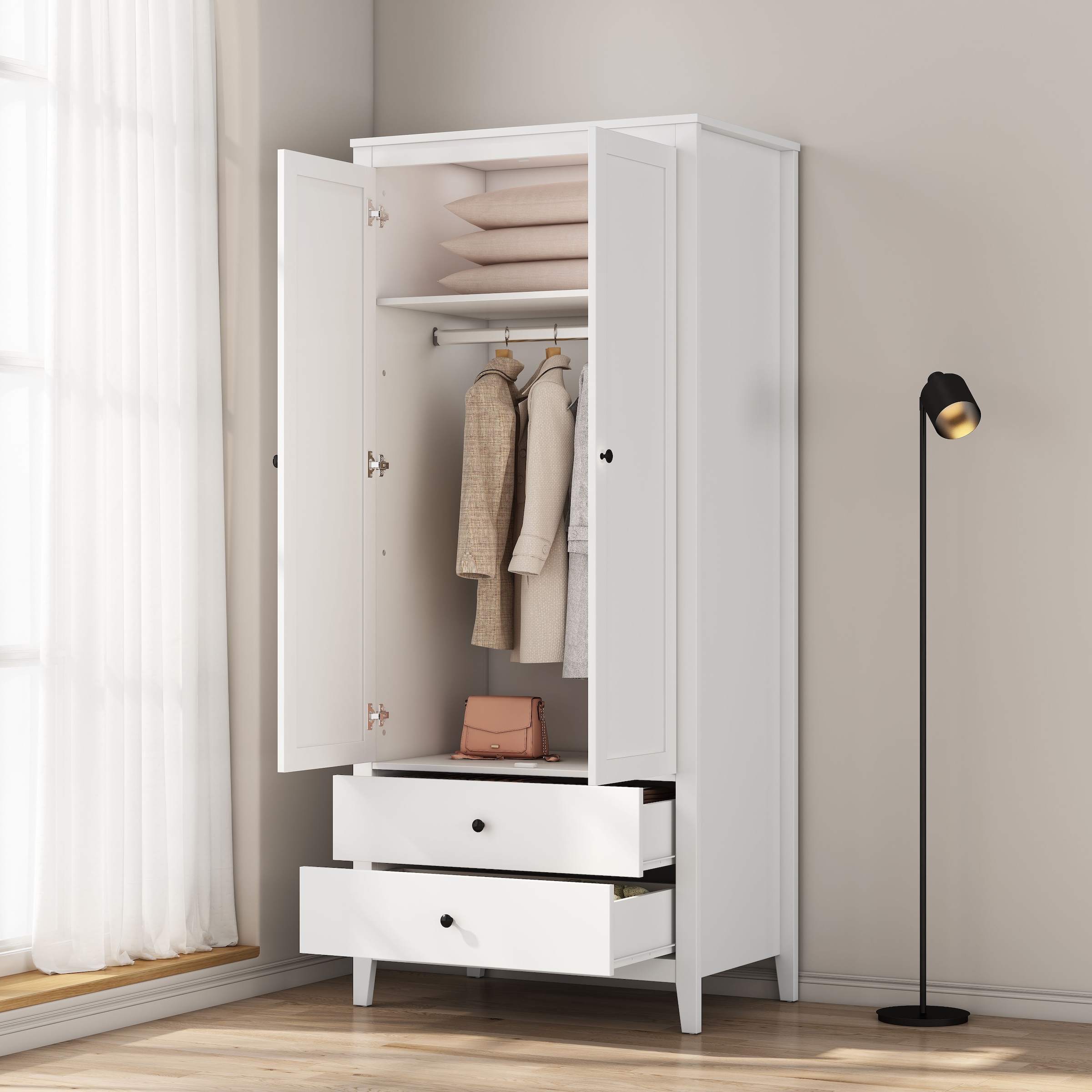 GOODproduct Armoires à vêtements »Borkum Schlafzimmerschrank Garderobe Landhaus Bestseller weiss« hochwertige schwarze Griffe aus Metall,  Schlafzimmerschrank mit 2 Türen und 2 Schubladen